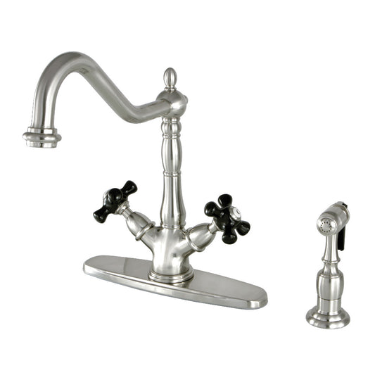 Kingston KS1238PKXBS Duchess Two-Handle Kitchen Faucet with Brass Sprayer, Brushed Nickel, featuring black porcelain handles.