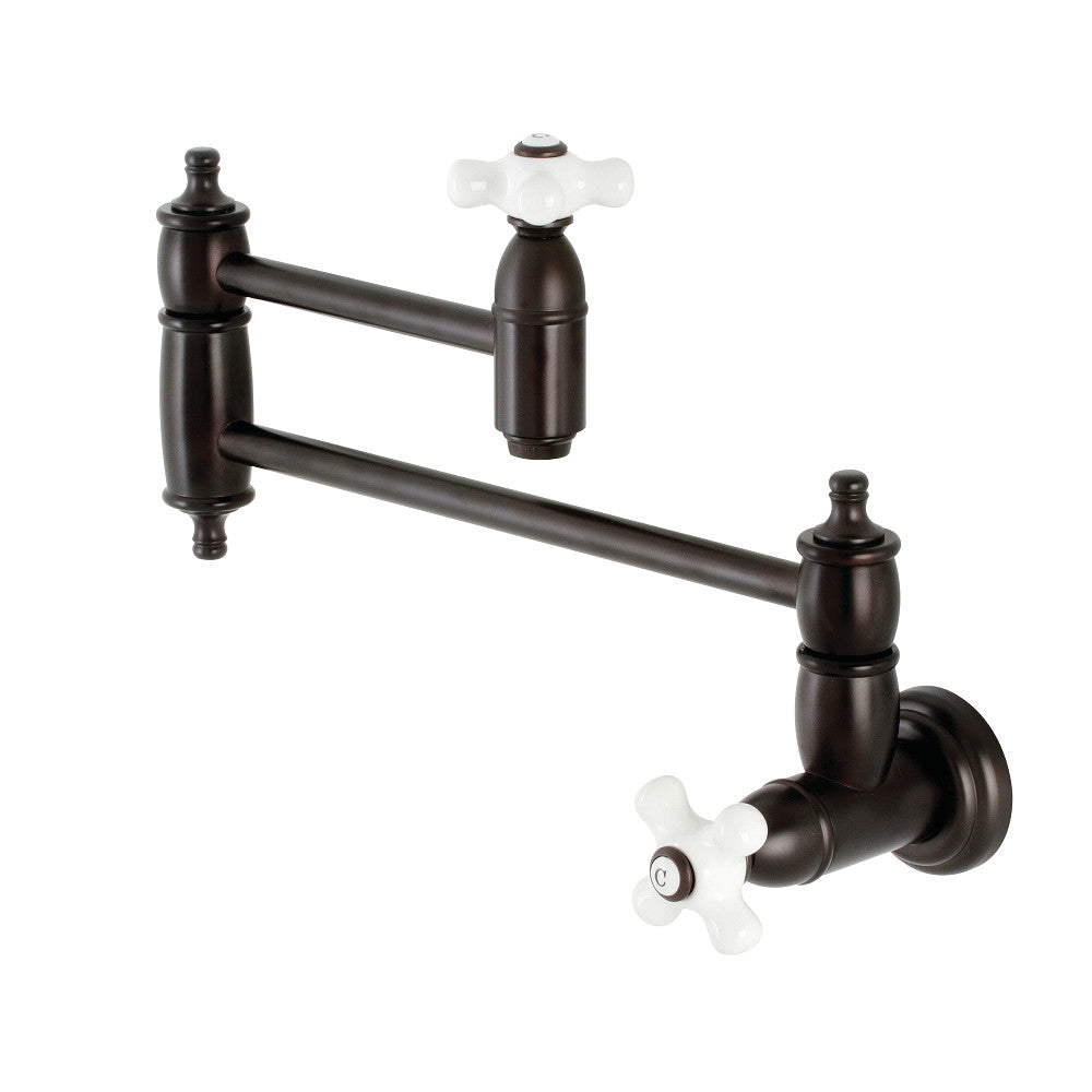 Kingston Brass KS310PXAC Restoration Wall Mount Pot Filler Faucet, Antique Copper with white ceramic handles.