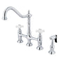Kingston Brass Heritage Bridge Kitchen Faucet with Brass Sprayer and Cross Handles in Polished Chrome finish.