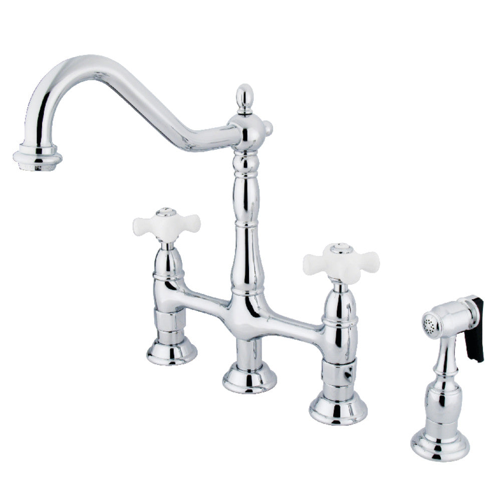Kingston Brass Heritage Bridge Kitchen Faucet with Brass Sprayer and Cross Handles in Polished Chrome finish.
