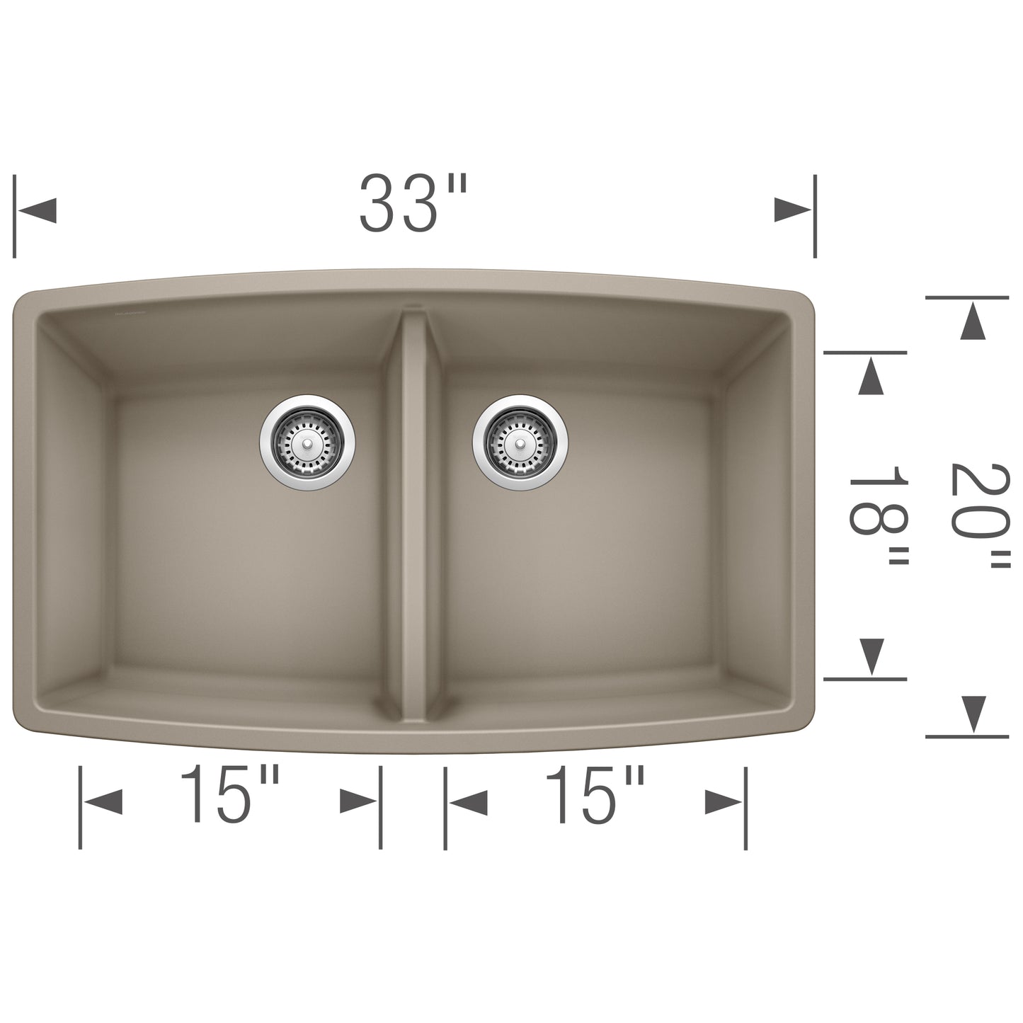 BLANCO Performa SILGRANIT 33" 50/50 Double Bowl Undermount Kitchen Sink dimensions and design overview.