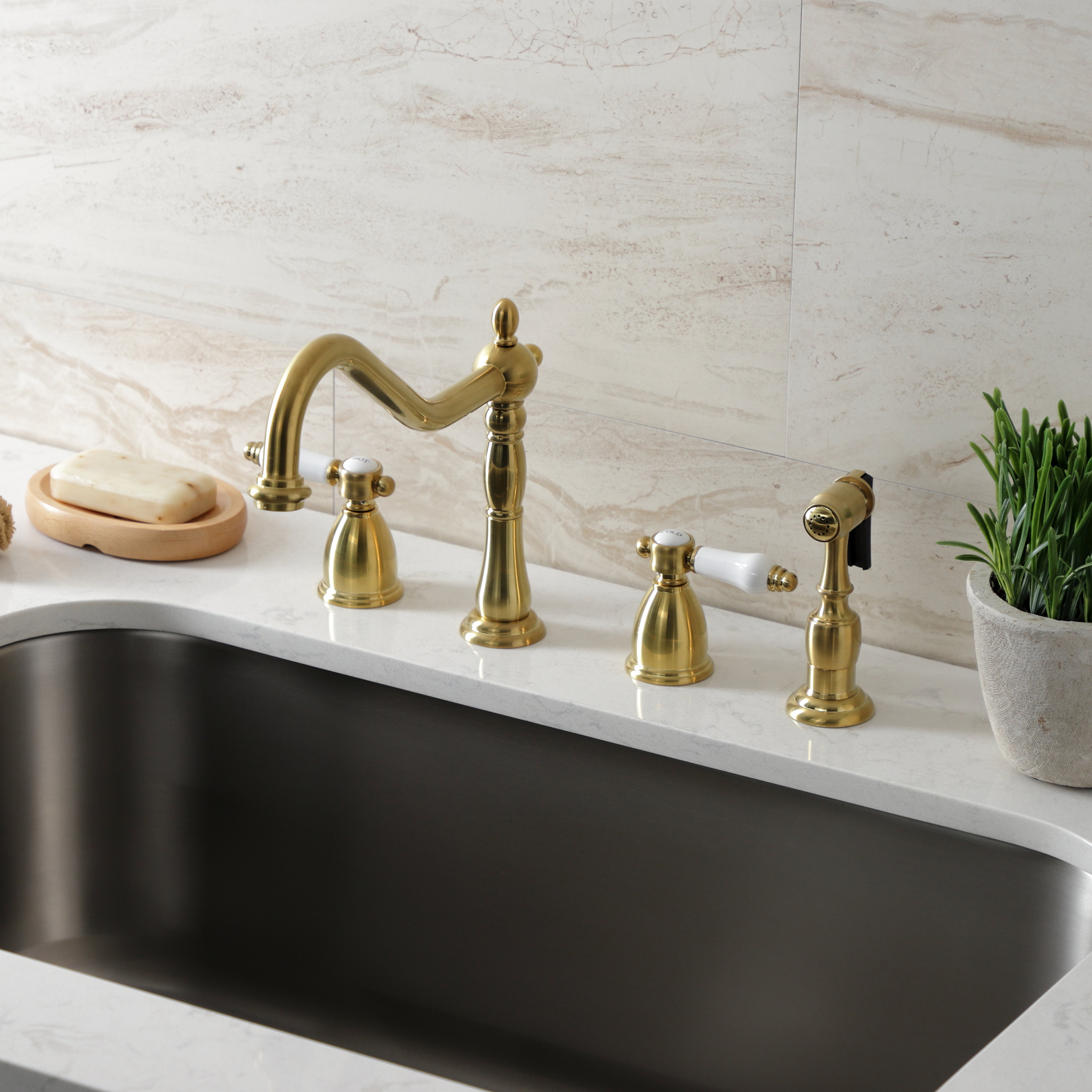 Kingston Brass KB1793BPLBS Bel-Air Double-Handle Widespread Kitchen Faucet with Brass Sprayer, Antique Brass