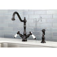 Kingston KS1238BPLBS Bel-Air Two-Handle Kitchen Faucet with Brass Sprayer, Brushed Nickel in a modern kitchen setting.