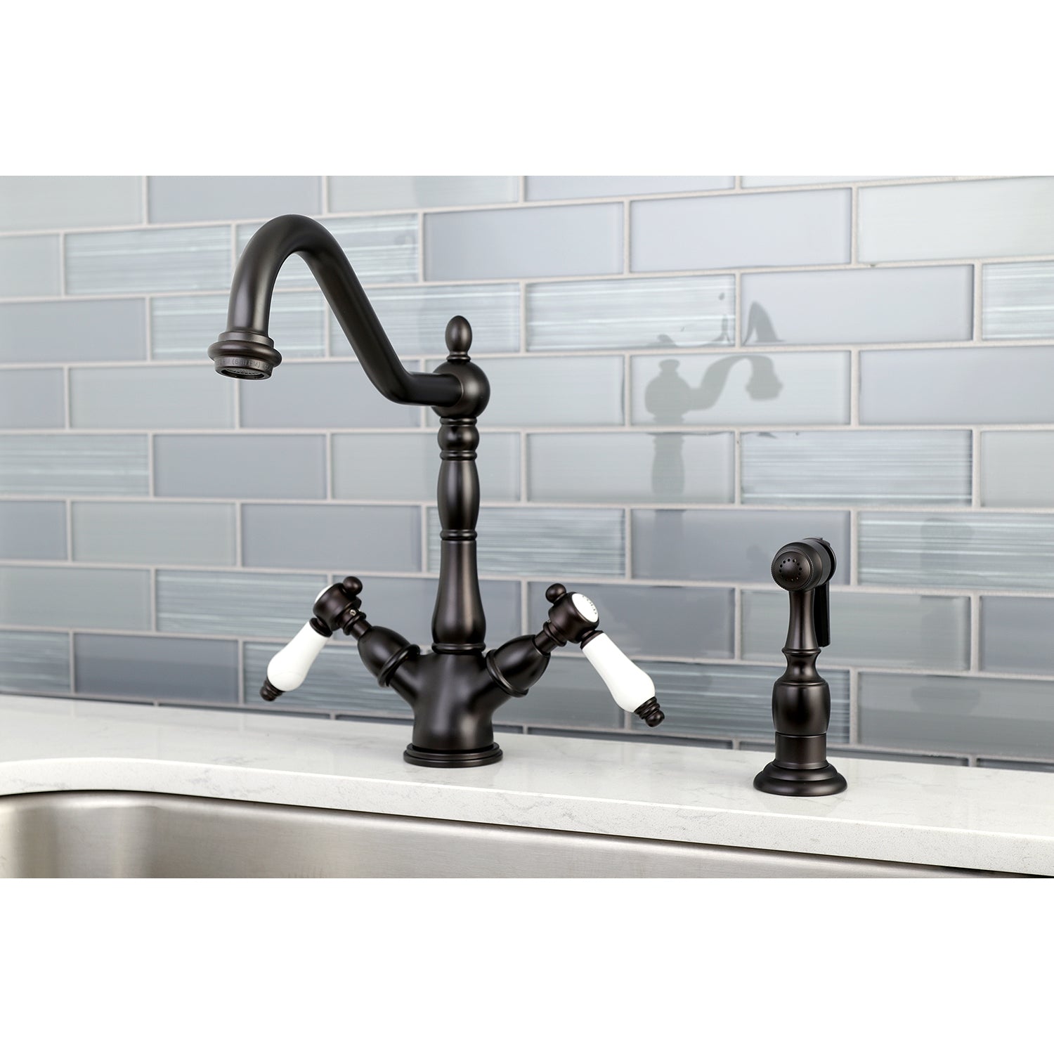 Kingston KS1238BPLBS Bel-Air Two-Handle Kitchen Faucet with Brass Sprayer, Brushed Nickel in a modern kitchen setting.