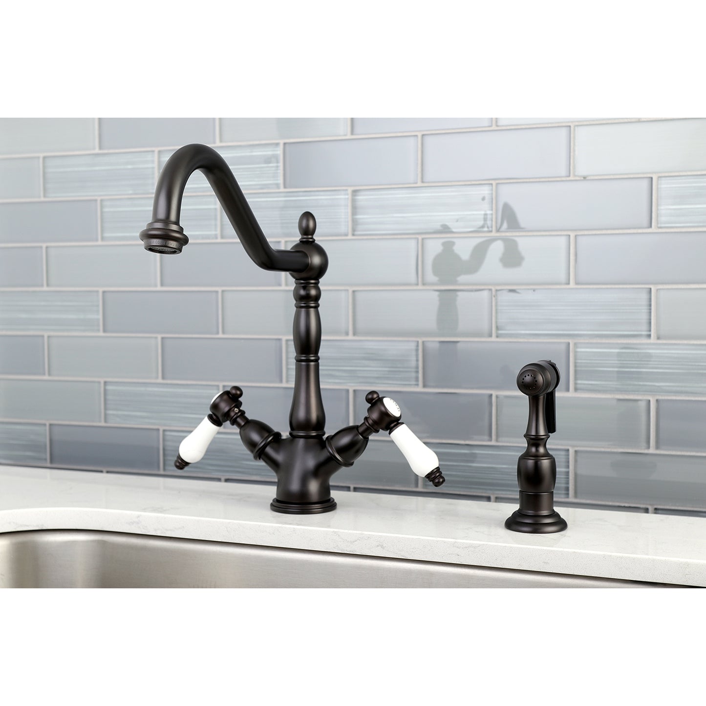 Kingston KS1238BPLBS Bel-Air Two-Handle Kitchen Faucet with Brass Sprayer, Brushed Nickel in a modern kitchen setting.