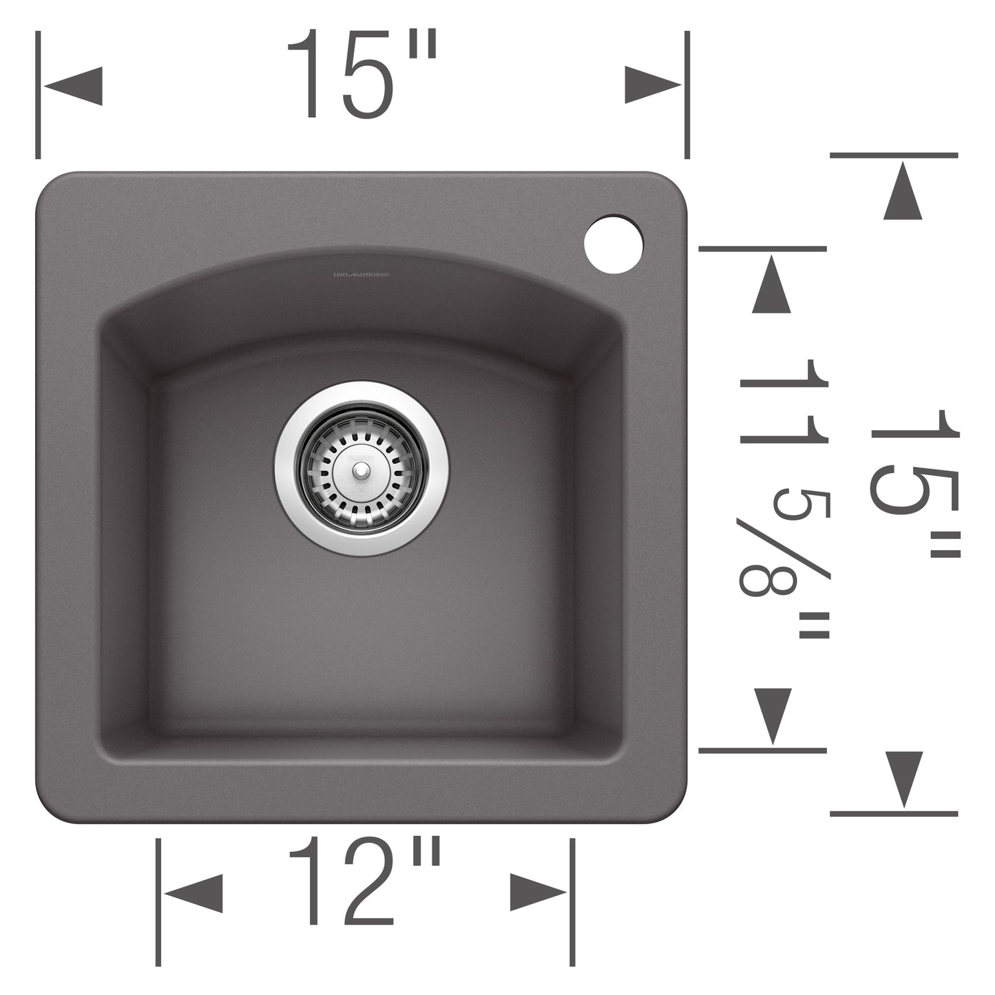 BLANCO Diamond SILGRANIT 15" Dual Mount Bar Sink dimensions with drain and mounting hole.