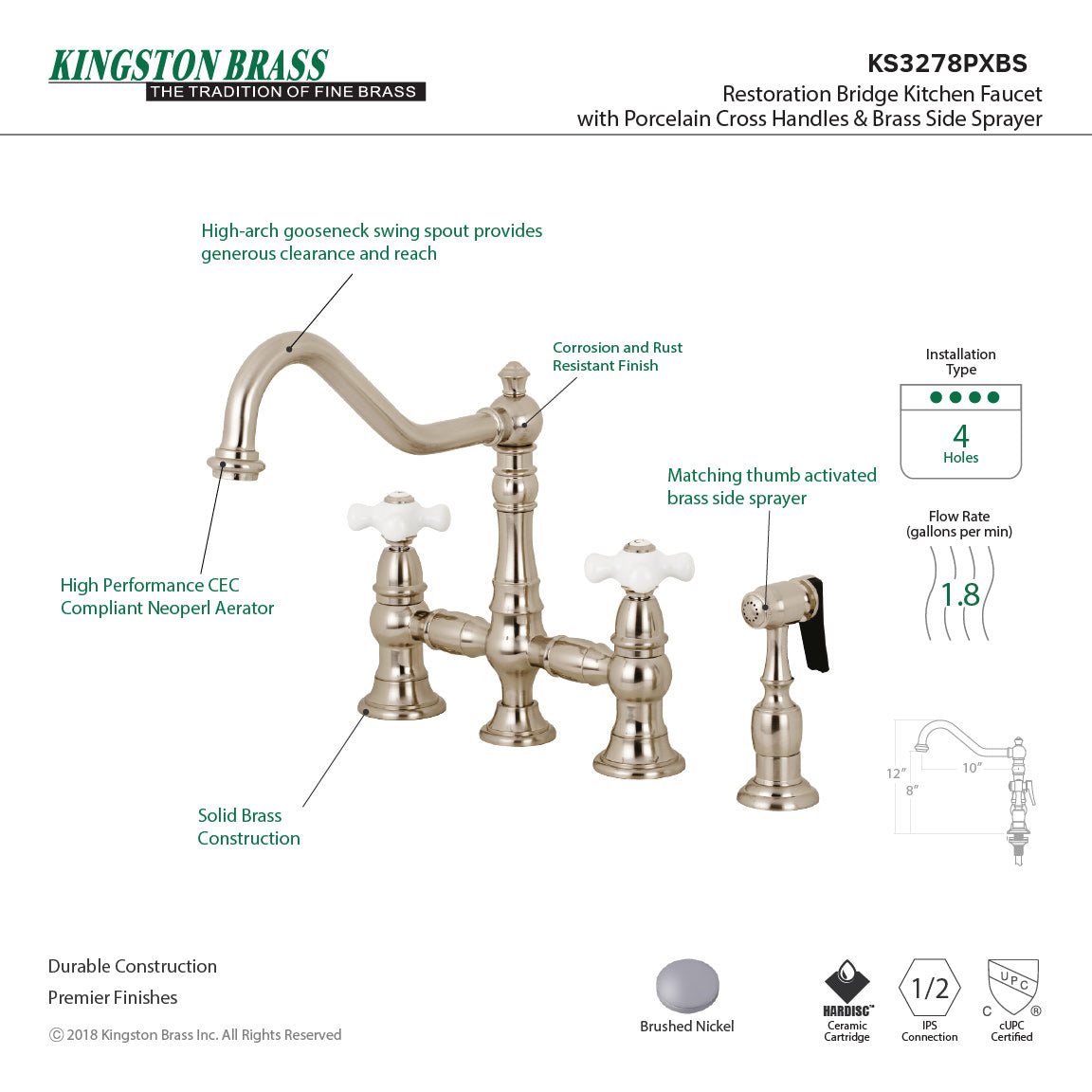 Kingston KS3277PXBS Restoration Bridge Kitchen Faucet with Brass Sprayer, Brushed Brass image showcasing its elegant design and features.