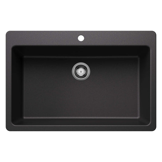 BLANCO Liven SILGRANIT 33" Super Single Dual Mount Kitchen Sink in black finish, offering spacious single bowl design.