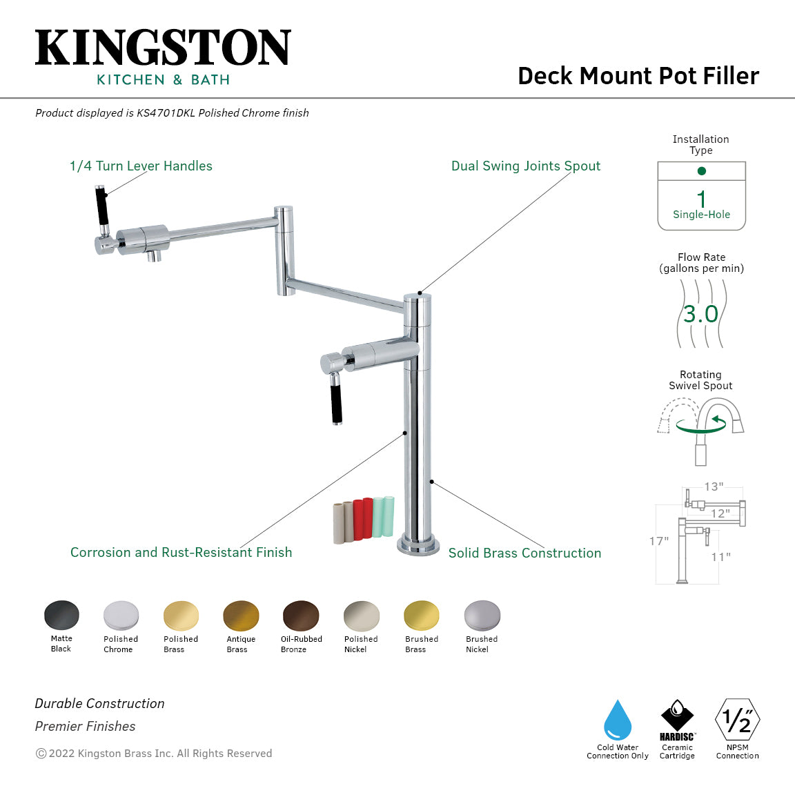 Kingston Brass KS4703DKL Kaiser Deck Mount Pot Filler Faucet, Antique Brass with dual swing joints spout.