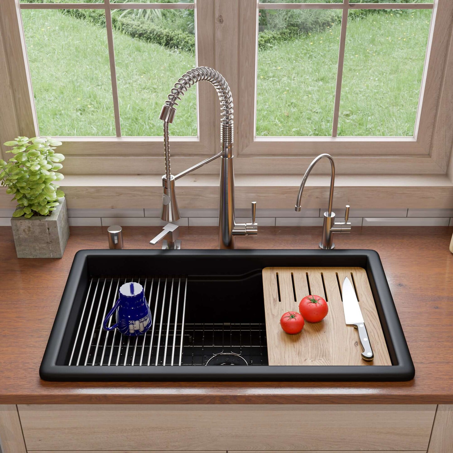 Alfi 32" Dual Mount Fireclay Workstation Kitchen Sink - ABFS3219SUD with cutting board, tomatoes, and stainless steel grid.