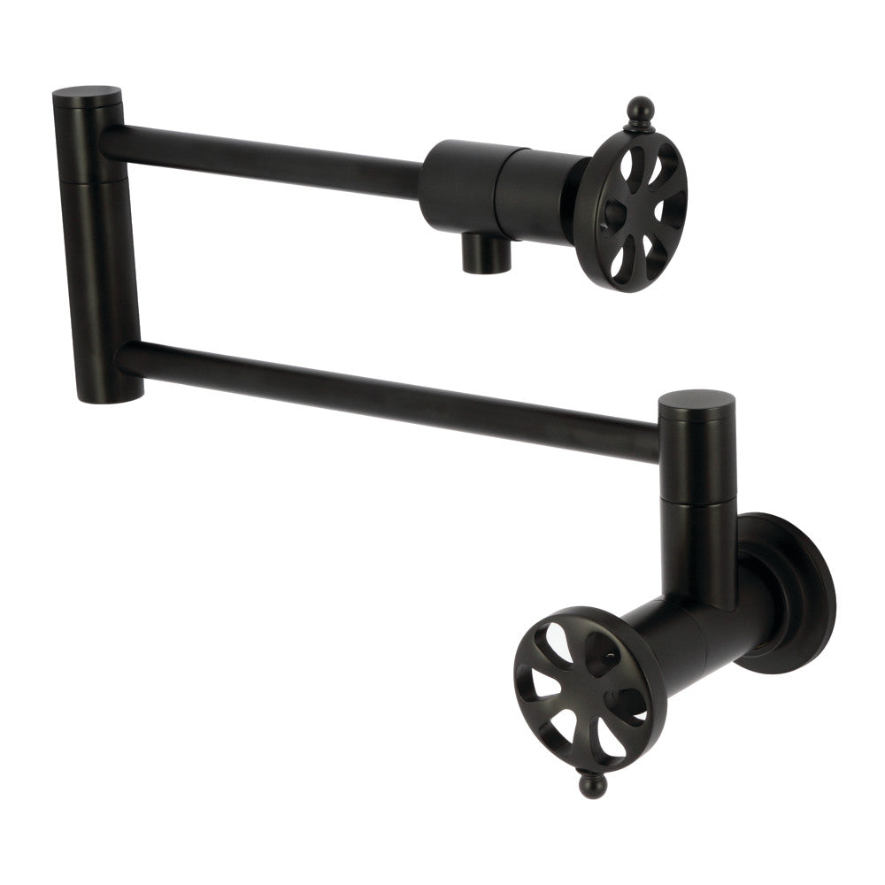 Kingston Brass KS4103RX Belknap Wall Mount Pot Filler Faucet, Antique Brass, matte black finish.