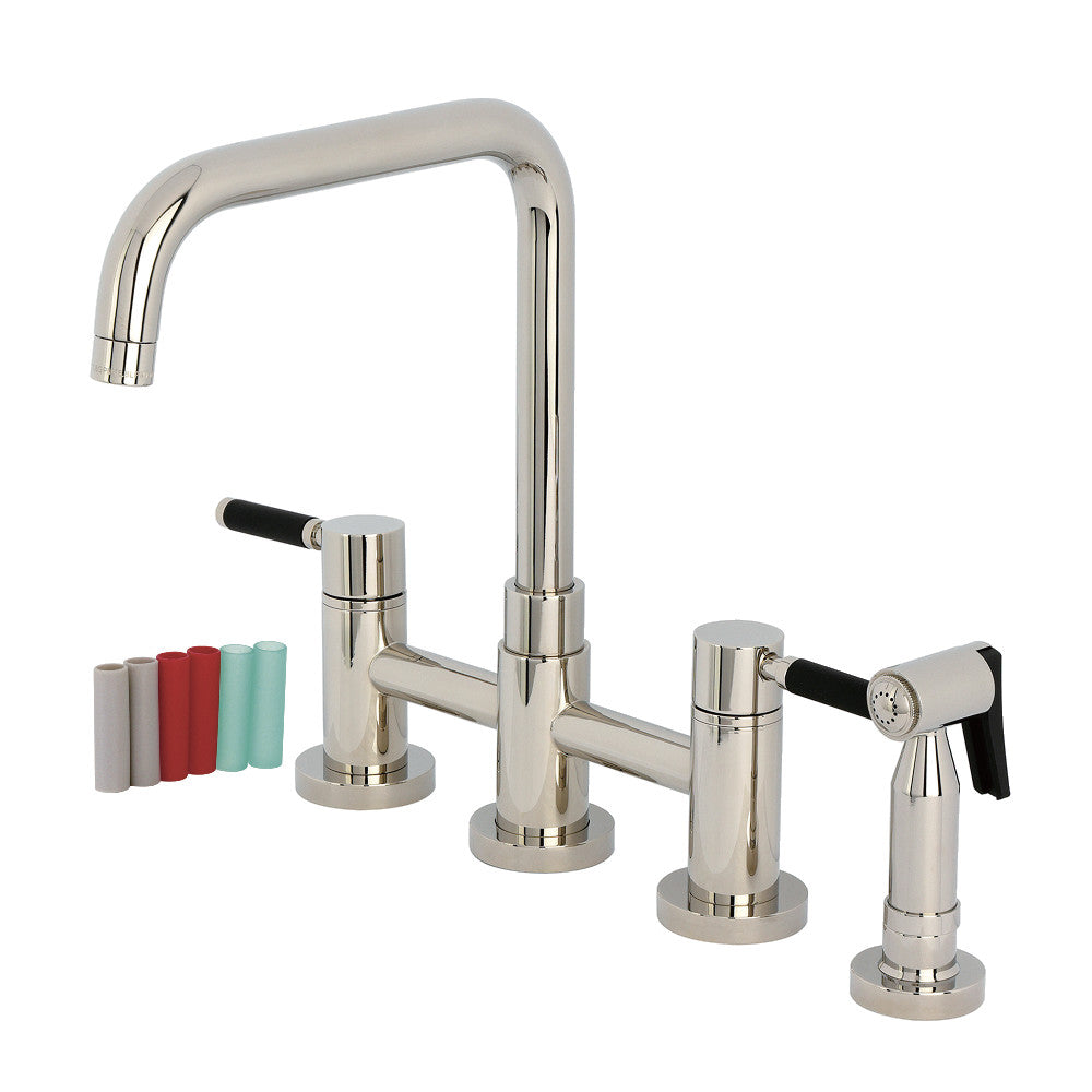 Kingston KS8287DKLBS Kaiser Bridge Kitchen Faucet with Brass Sprayer, Brushed Brass, polished nickel finish.