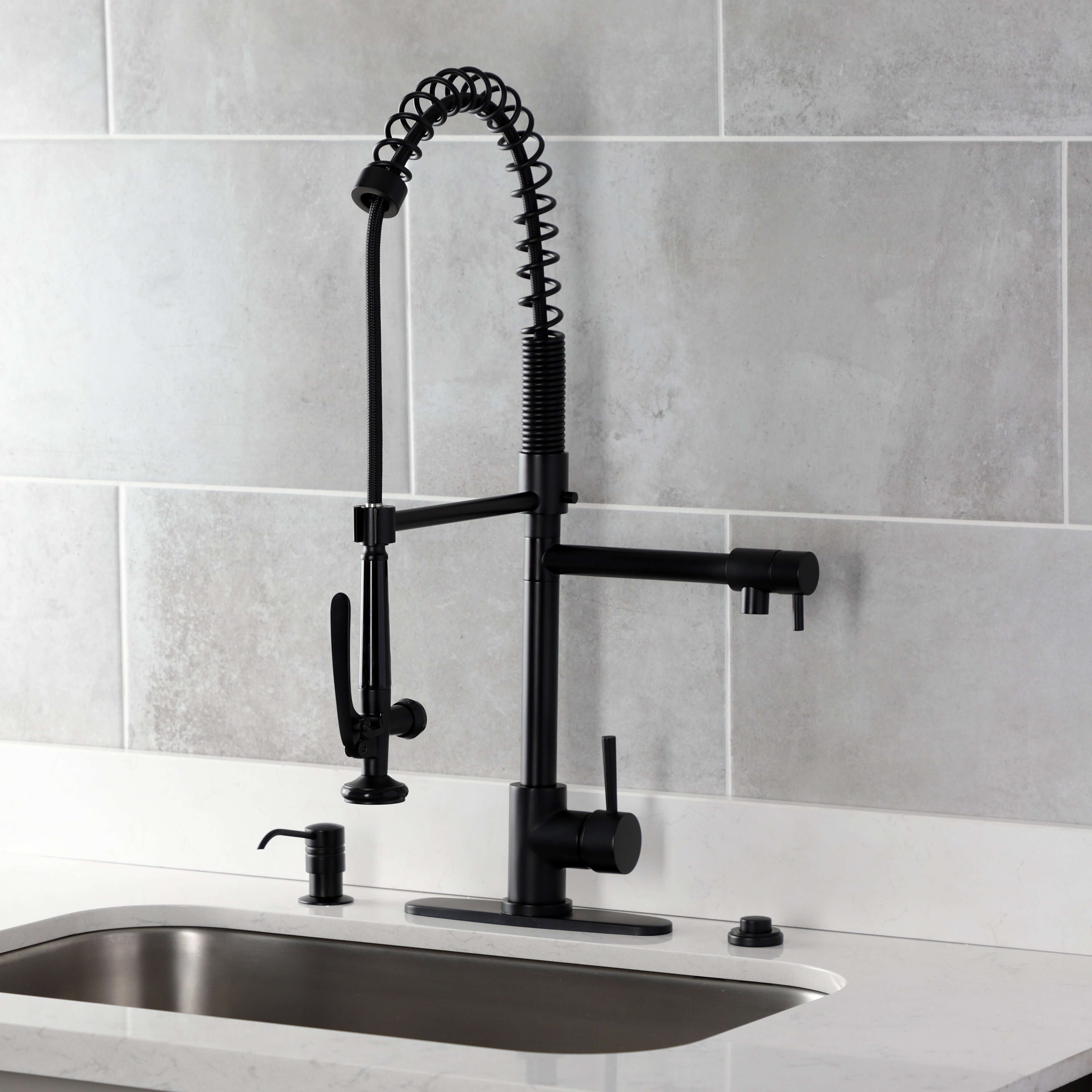 Kingston Brass LS8503DL Concord Single-Handle Deck-Mount Pre-Rinse Kitchen Faucet with Pot Filler, Brushed Brass in black finish