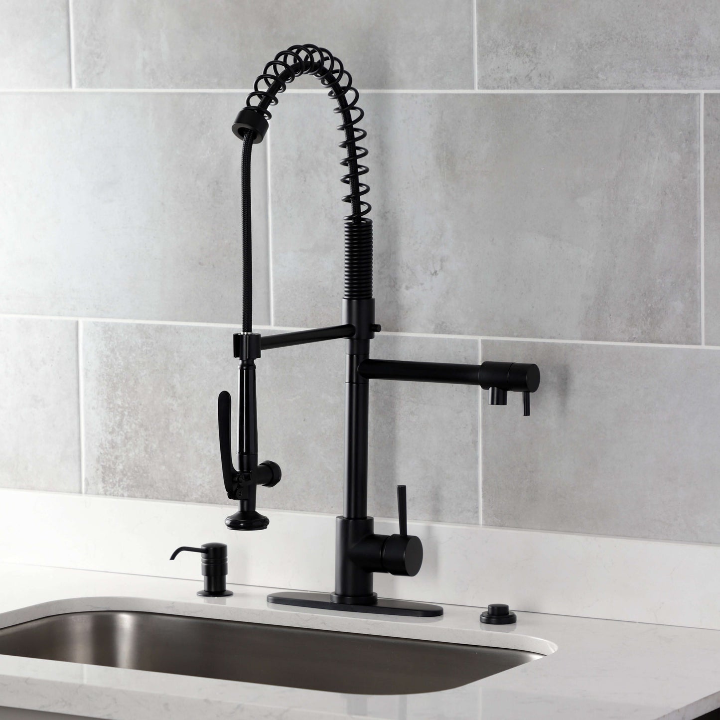 Kingston Brass LS8503DL Concord Single-Handle Deck-Mount Pre-Rinse Kitchen Faucet with Pot Filler, Brushed Brass in black finish