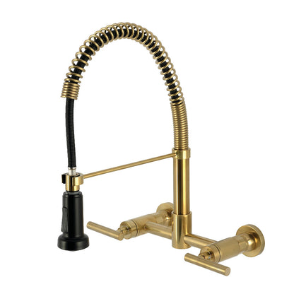 Kingston Brass GS8187CML Manhattan Double-Handle Wall-Mount Pre-Rinse Bridge Kitchen Faucet, Brushed Brass