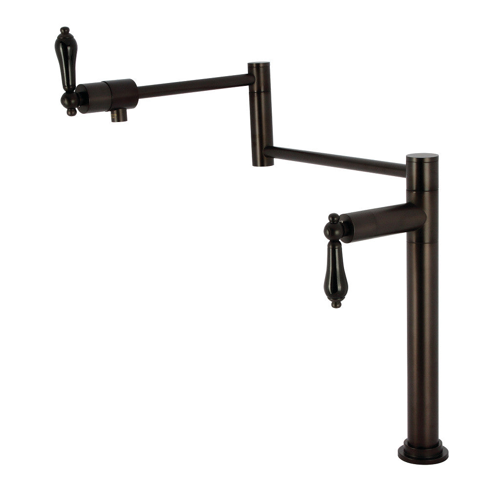 Kingston Brass KS4707PKL Duchess Deck Mount Pot Filler Faucet, Brushed Brass with black porcelain handles and oil rubbed bronze finish.