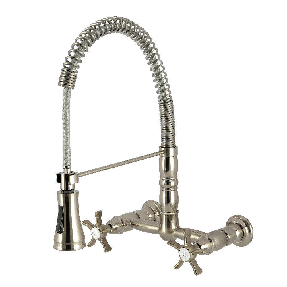 Kingston Brass GS1243NX Hamilton Double-Handle Wall-Mount Pre-Rinse Bridge Kitchen Faucet, Antique Brass with dual spray settings