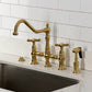 Kingston KS3277BEXBS Essex Bridge Kitchen Faucet with Brass Sprayer, Brushed Brass installed on countertop