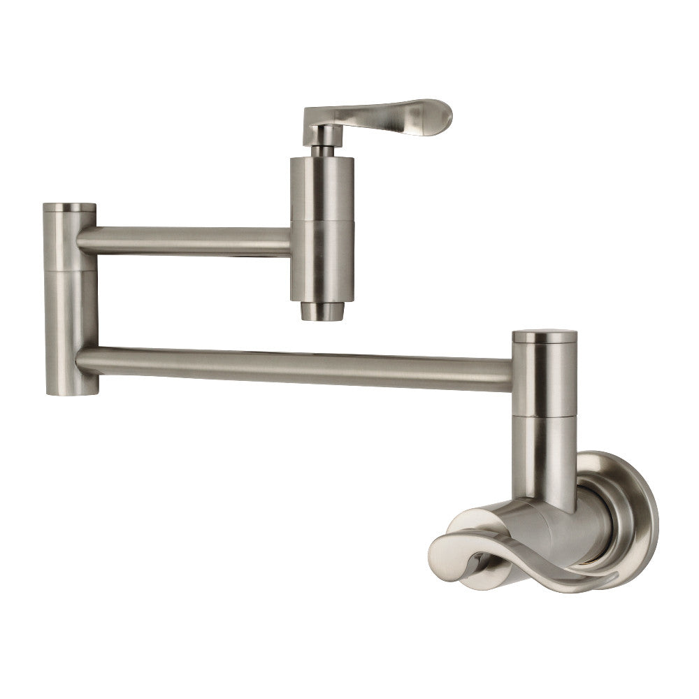 Kingston Brass KS8108DFL NuWave Wall Mount Pot Filler Faucet, Brushed Nickel with foldable swing arms.