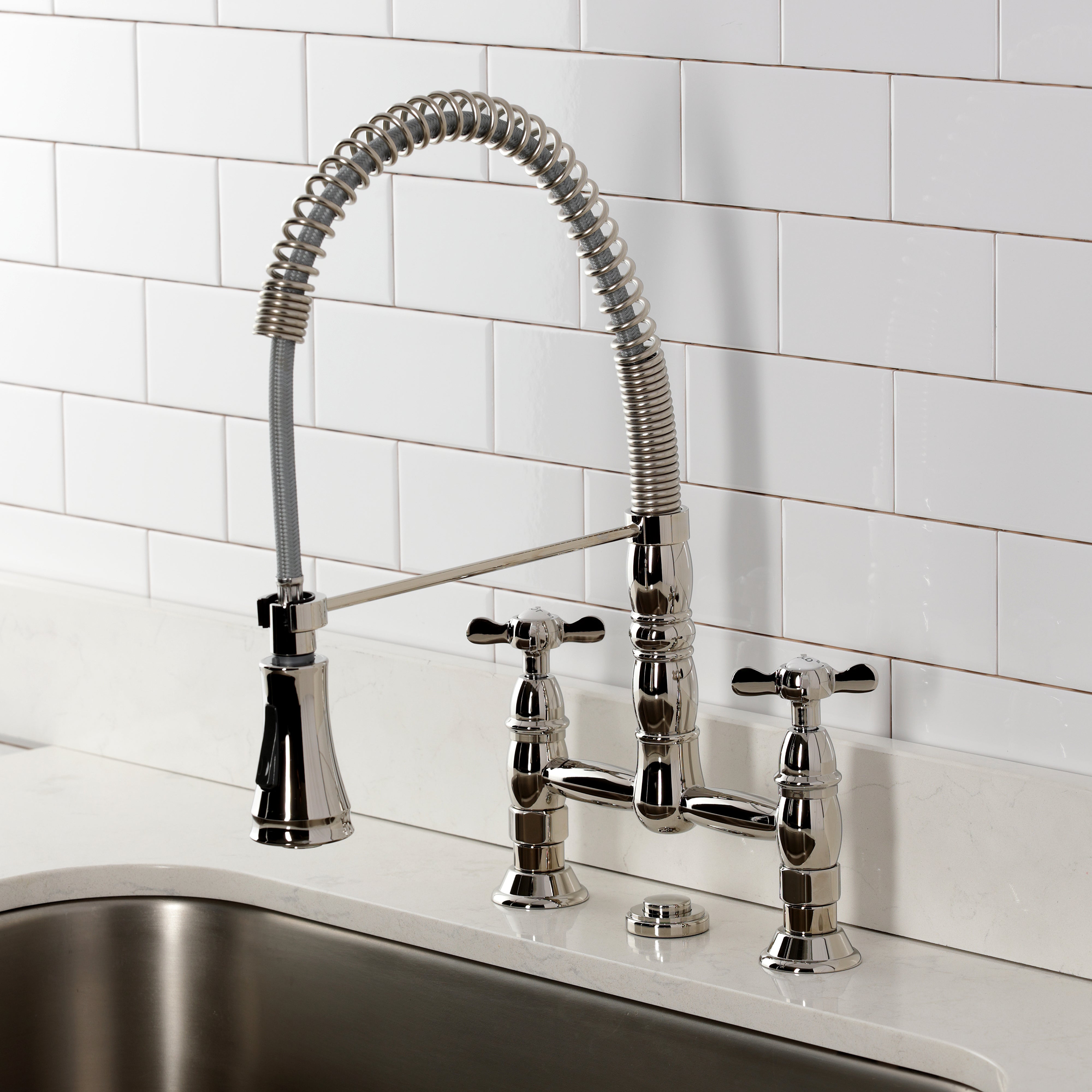 Kingston Brass GS1273BEX Essex Double-Handle Deck-Mount Pre-Rinse Bridge Kitchen Faucet, Antique Brass