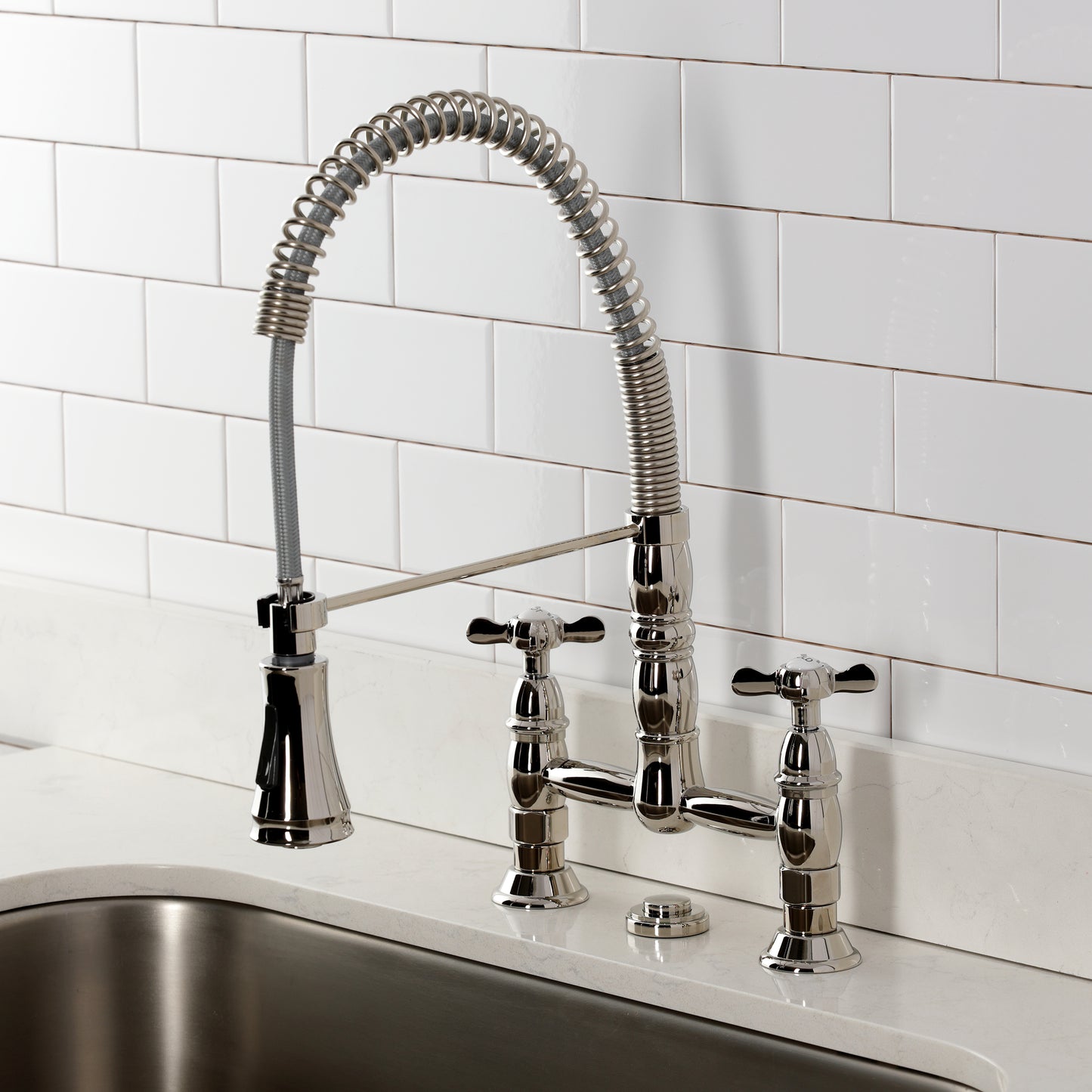 Kingston Brass GS1273BEX Essex Double-Handle Deck-Mount Pre-Rinse Bridge Kitchen Faucet, Antique Brass