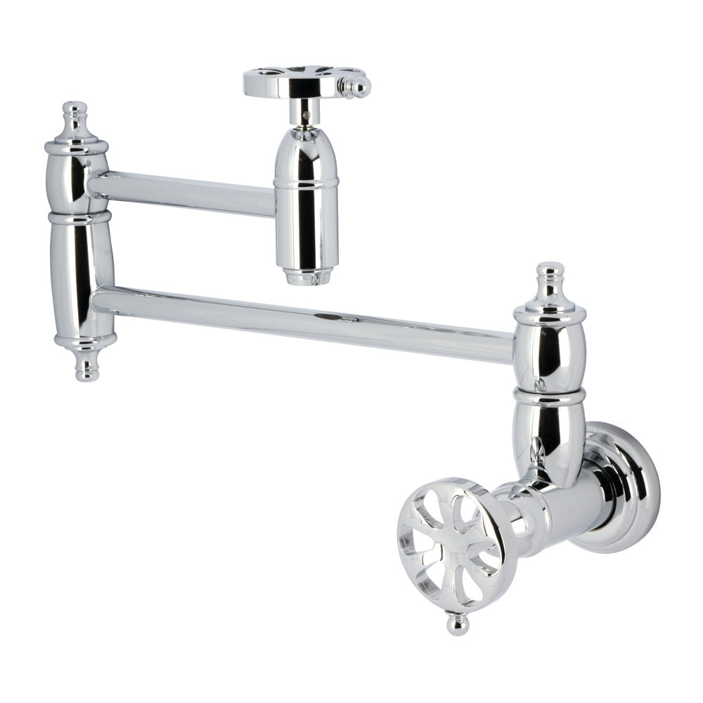 Kingston Brass KS3103RX Belknap Wall Mount Pot Filler Faucet, Antique Brass, polished chrome finish with swing arms.