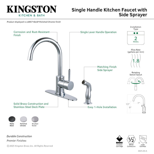 Kingston Brass LS8578DLSP Concord Single-Handle Kitchen Faucet with Side Sprayer, Brushed Nickel