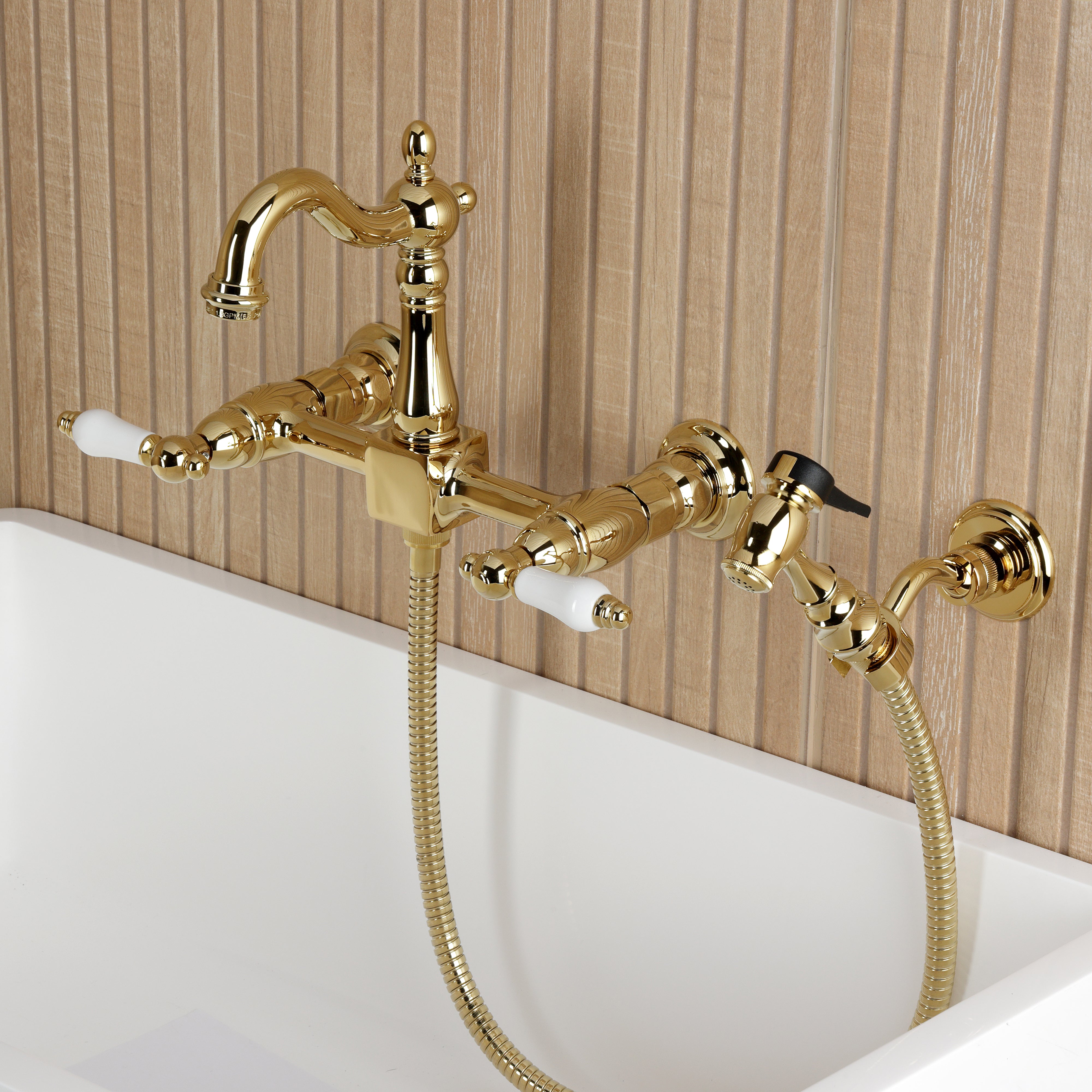 Kingston KS2443PLBS Heritage Two-Handle Wall Mount Bridge Kitchen Faucet with Brass Sprayer, Antique Brass