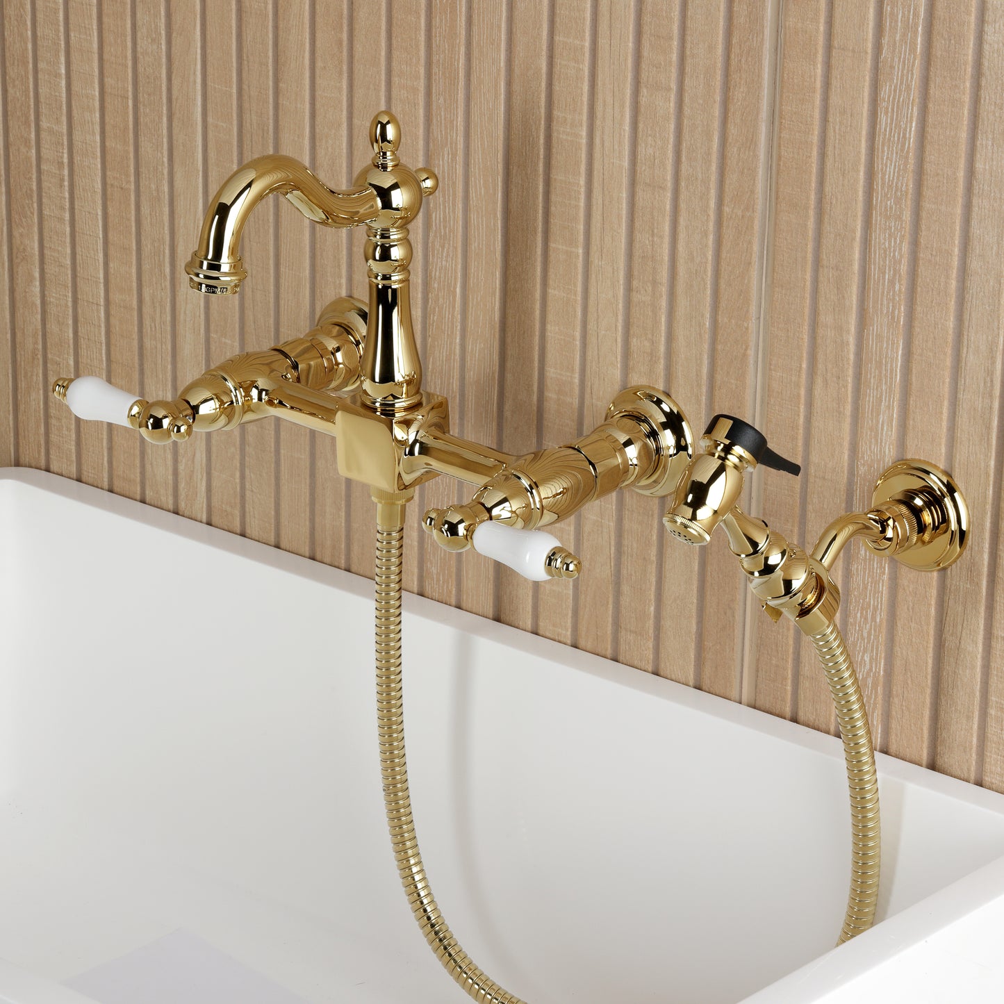 Kingston KS2443PLBS Heritage Two-Handle Wall Mount Bridge Kitchen Faucet with Brass Sprayer, Antique Brass