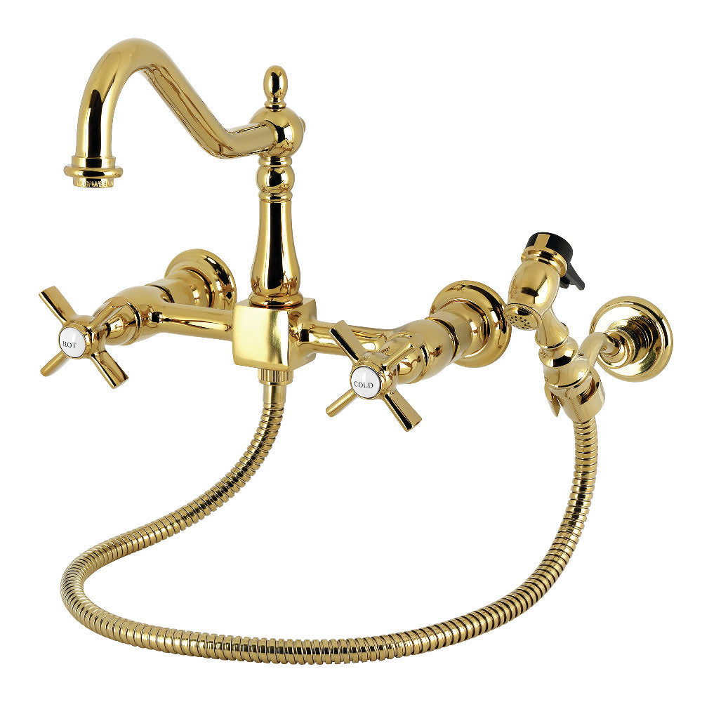 Kingston KS1243ZXBS Millennium Two-Handle Wall Mount Bridge Kitchen Faucet with Brass Sprayer, Antique Brass
