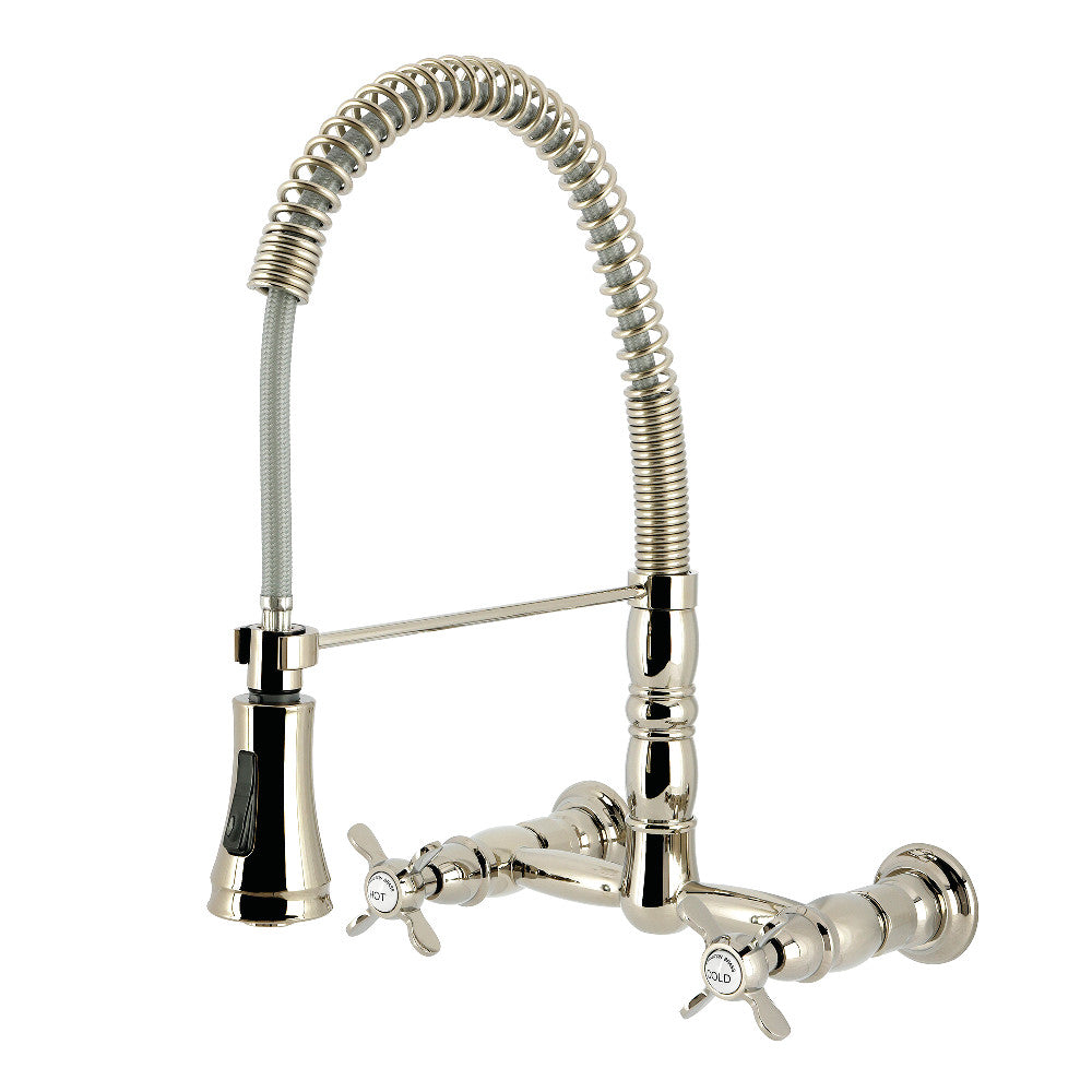 Kingston Brass GS1243BEX Essex Double-Handle Wall-Mount Pre-Rinse Bridge Kitchen Faucet, Antique Brass in polished nickel finish.