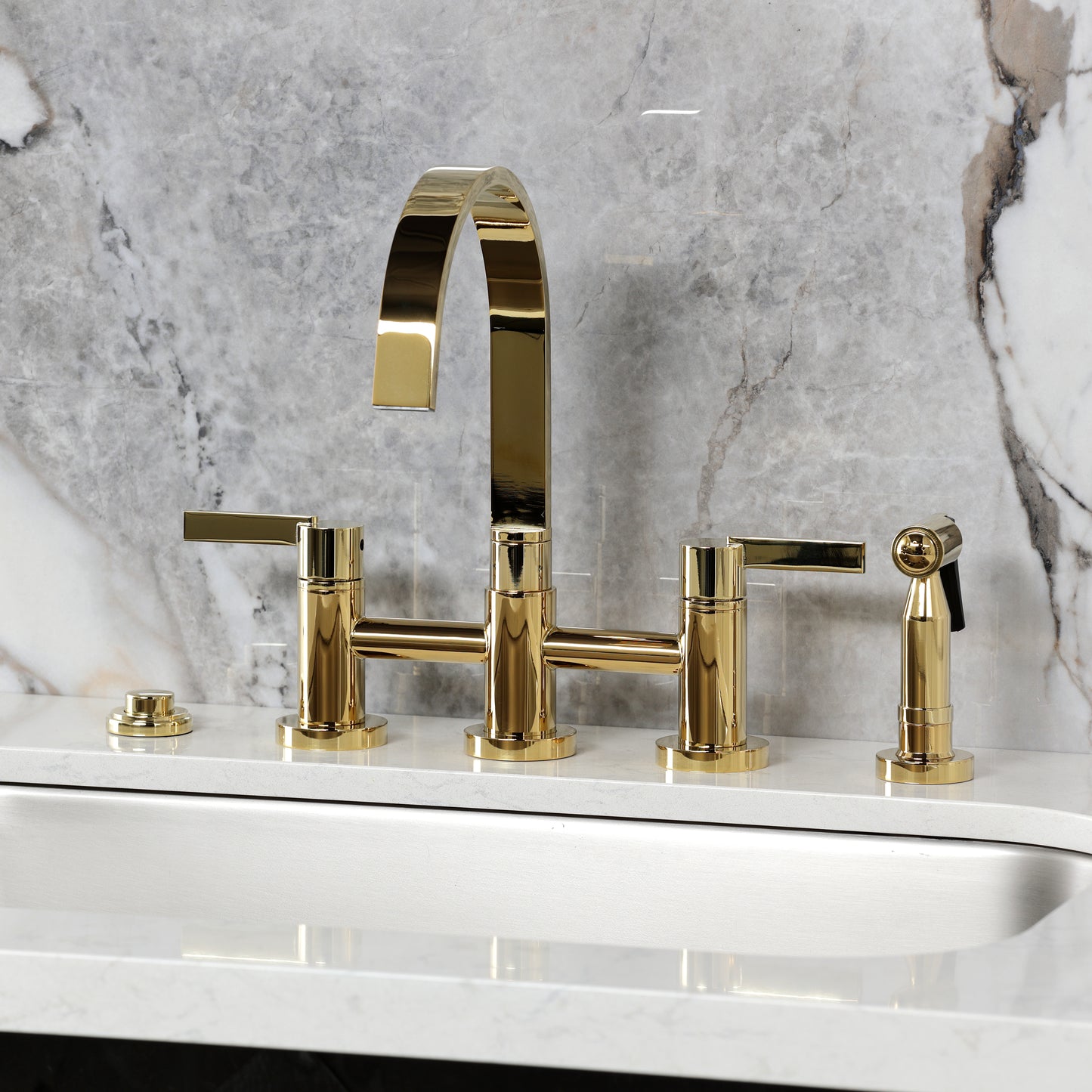Kingston KS8267CTLBS Continental Bridge Kitchen Faucet with Brass Sprayer, Brushed Brass on modern countertop