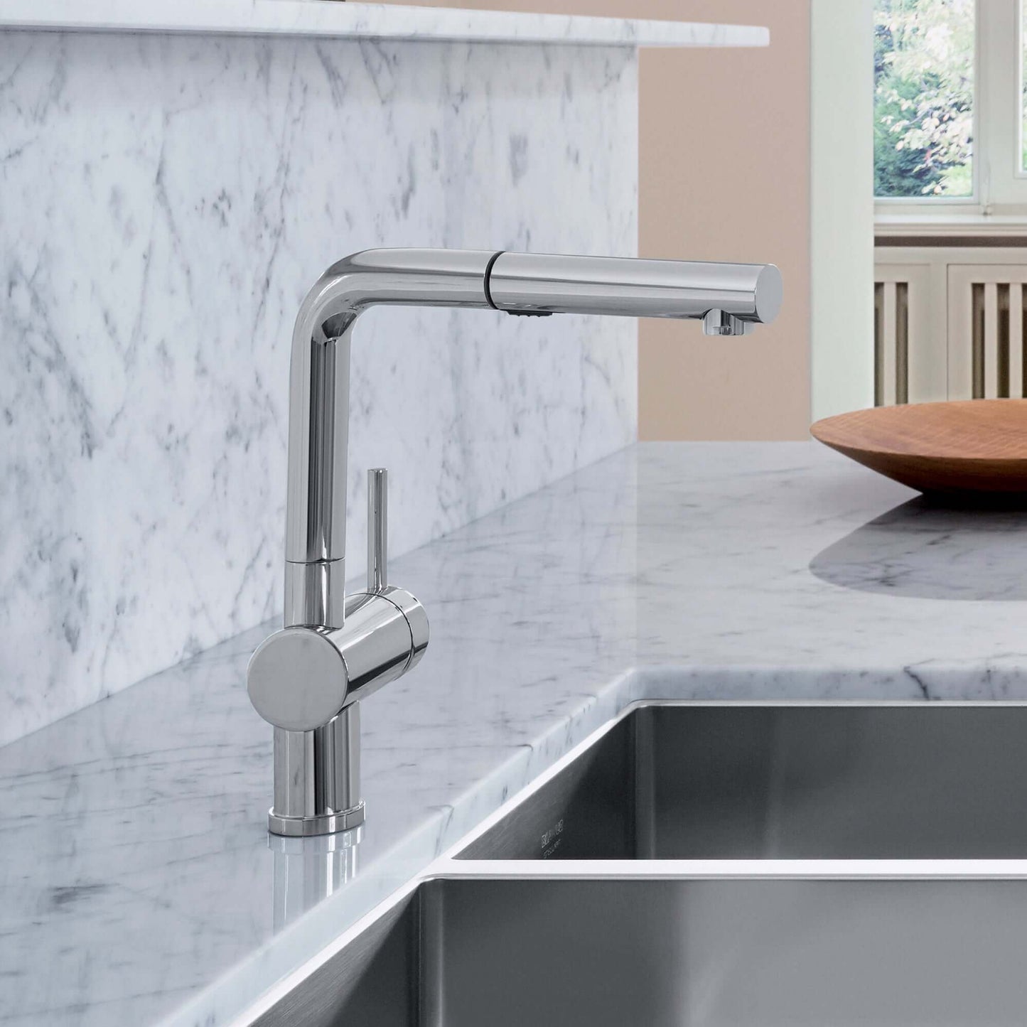 BLANCO Linus Low Arc Pull-Out Dual-Spray Kitchen Faucet -  installed on a marble kitchen countertop
