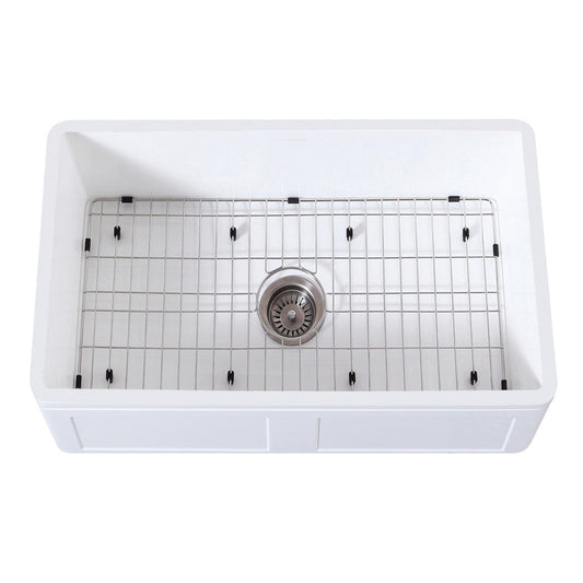 KINGSTON Brass Gourmetier 30" Farmhouse Kitchen Sink with Strainer and Grid - Matte White/Brushed
