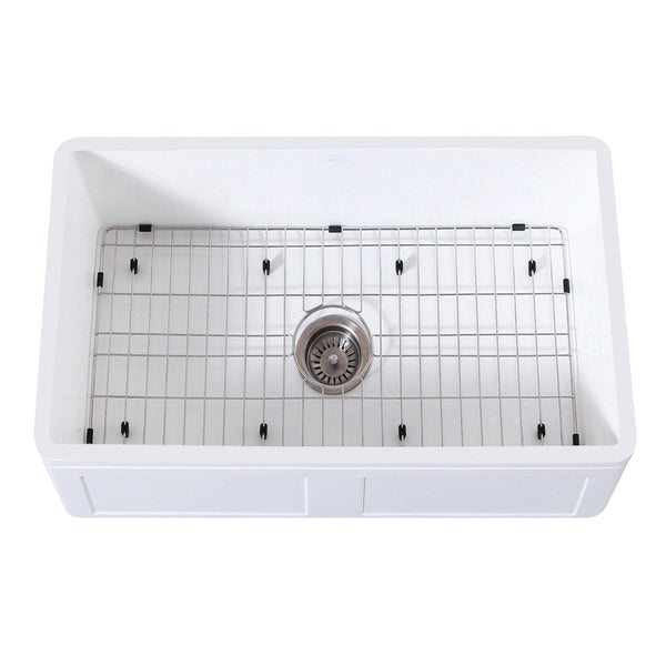 KINGSTON Brass Gourmetier 30 Farmhouse Kitchen Sink with Strainer and Grid - Matte White/Brushed