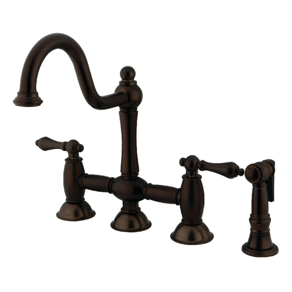 Kingston KS3798ALBS Restoration Bridge Kitchen Faucet with Brass Sprayer, Brushed Nickel in oil rubbed bronze finish