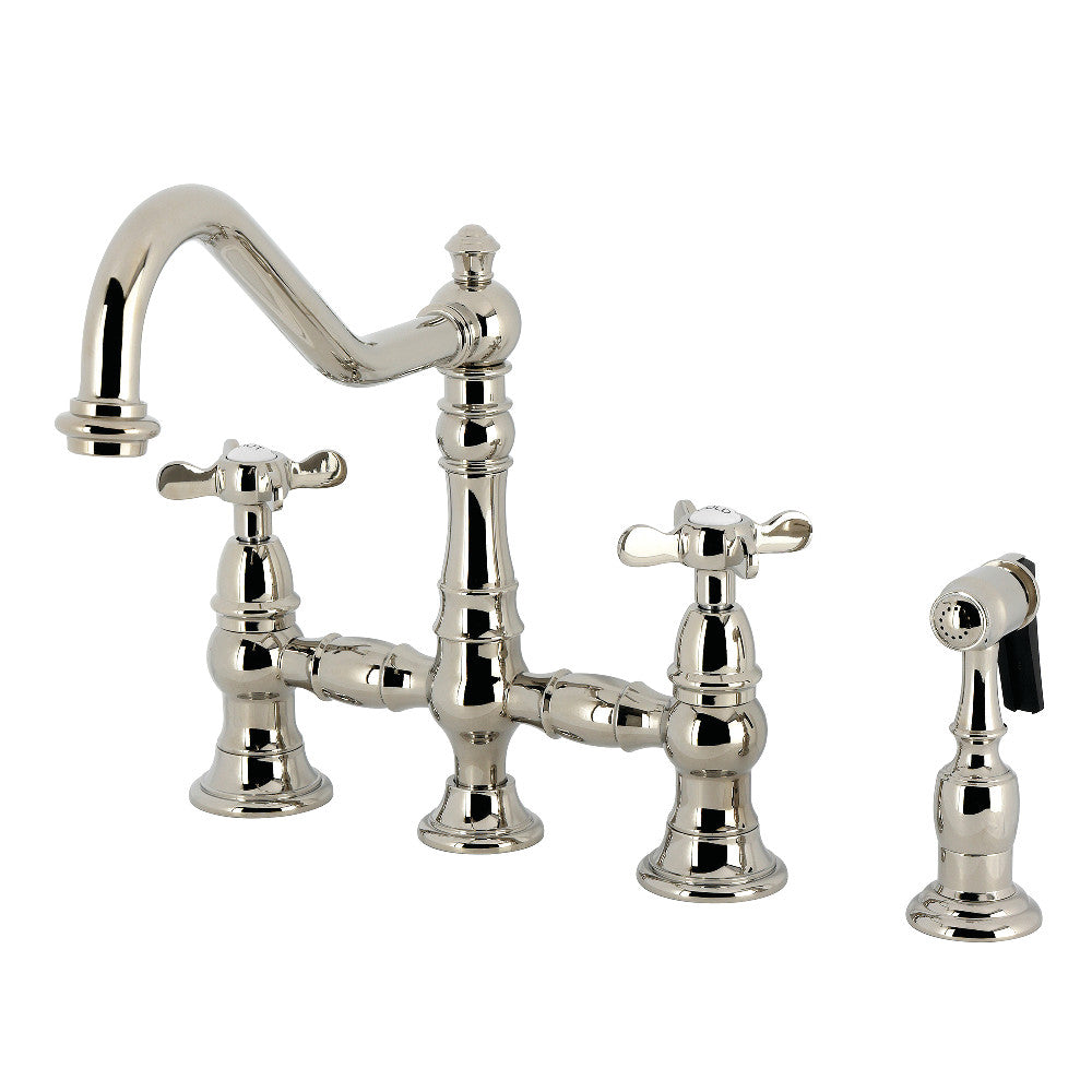Kingston KS3277BEXBS Essex Bridge Kitchen Faucet with Brass Sprayer, Brushed Brass in polished nickel finish