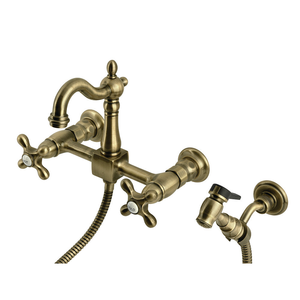 Kingston KS2443AXBS Heritage Two-Handle Wall Mount Bridge Kitchen Faucet with Brass Sprayer, Antique Brass