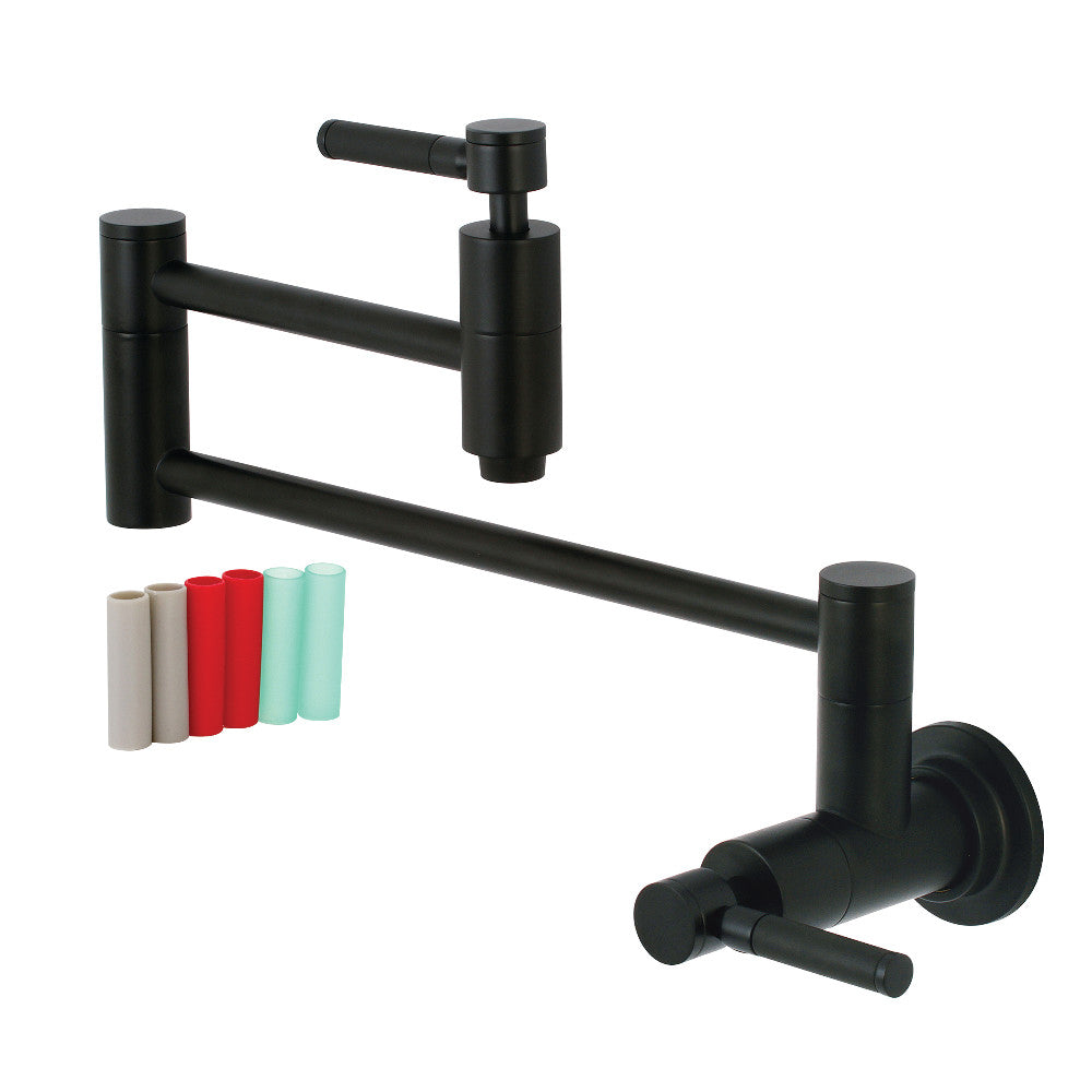 Kingston Brass KS810DKLAC Kaiser Wall Mount Pot Filler Faucet, Antique Copper with matte black finish and foldable swing arms.