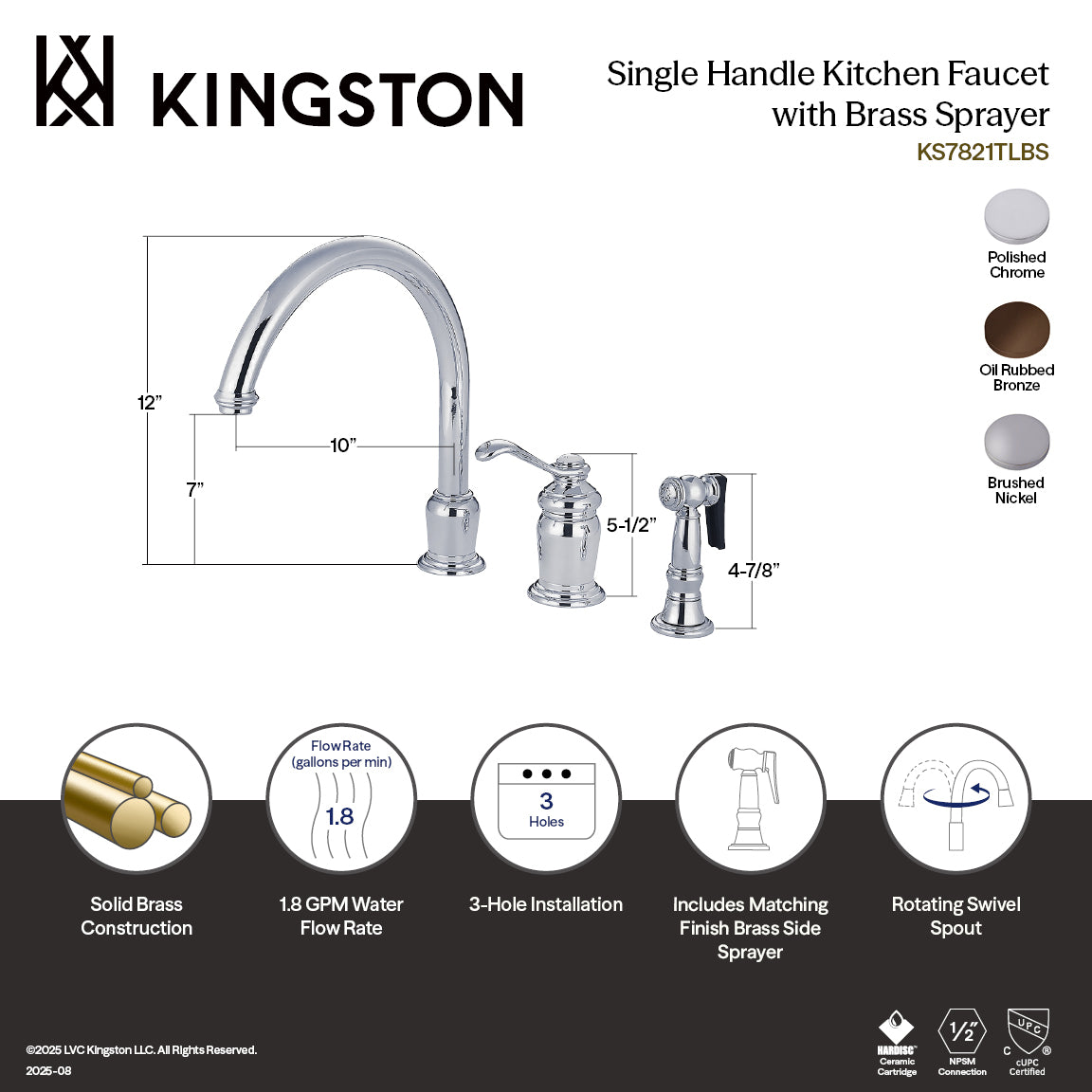 Kingston Brass KS7828TLBS Templeton Single-Handle Widespread Kitchen Faucet with Brass Sprayer, Brushed Nickel design image