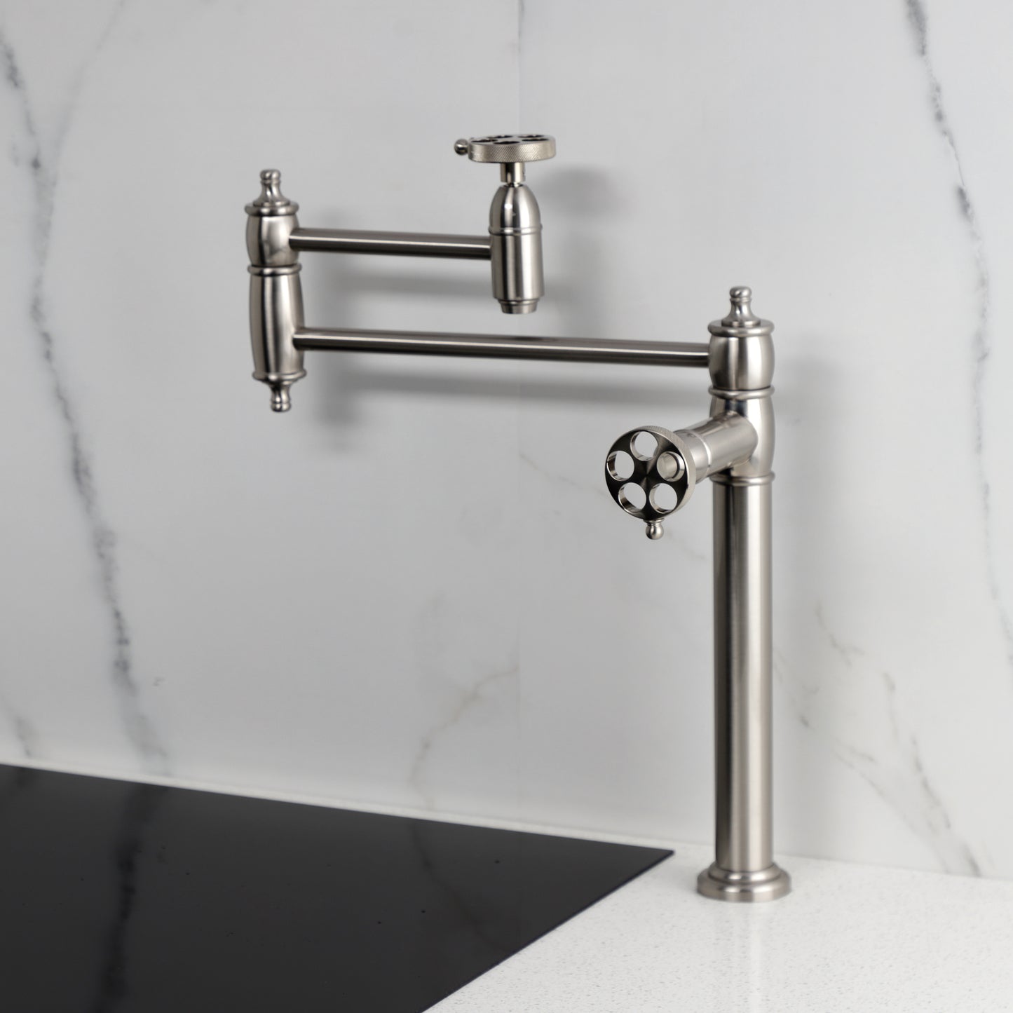 Kingston Brass KS3703RKZ Wendell Deck Mount Pot Filler Faucet with Knurled Handle, Antique Brass
