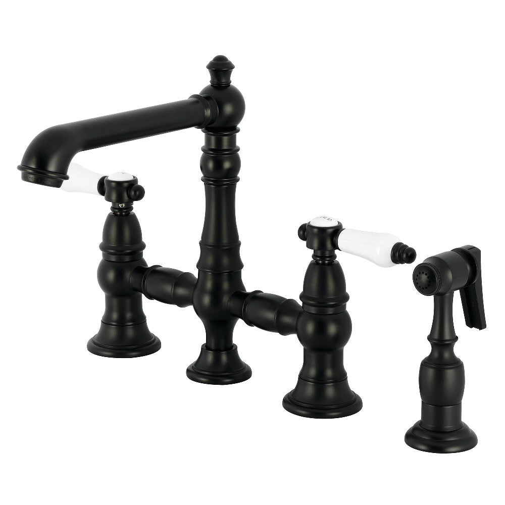 Kingston KS7277BPLBS Bel-Air Bridge Kitchen Faucet with Brass Sprayer, Brushed Brass in matte black finish