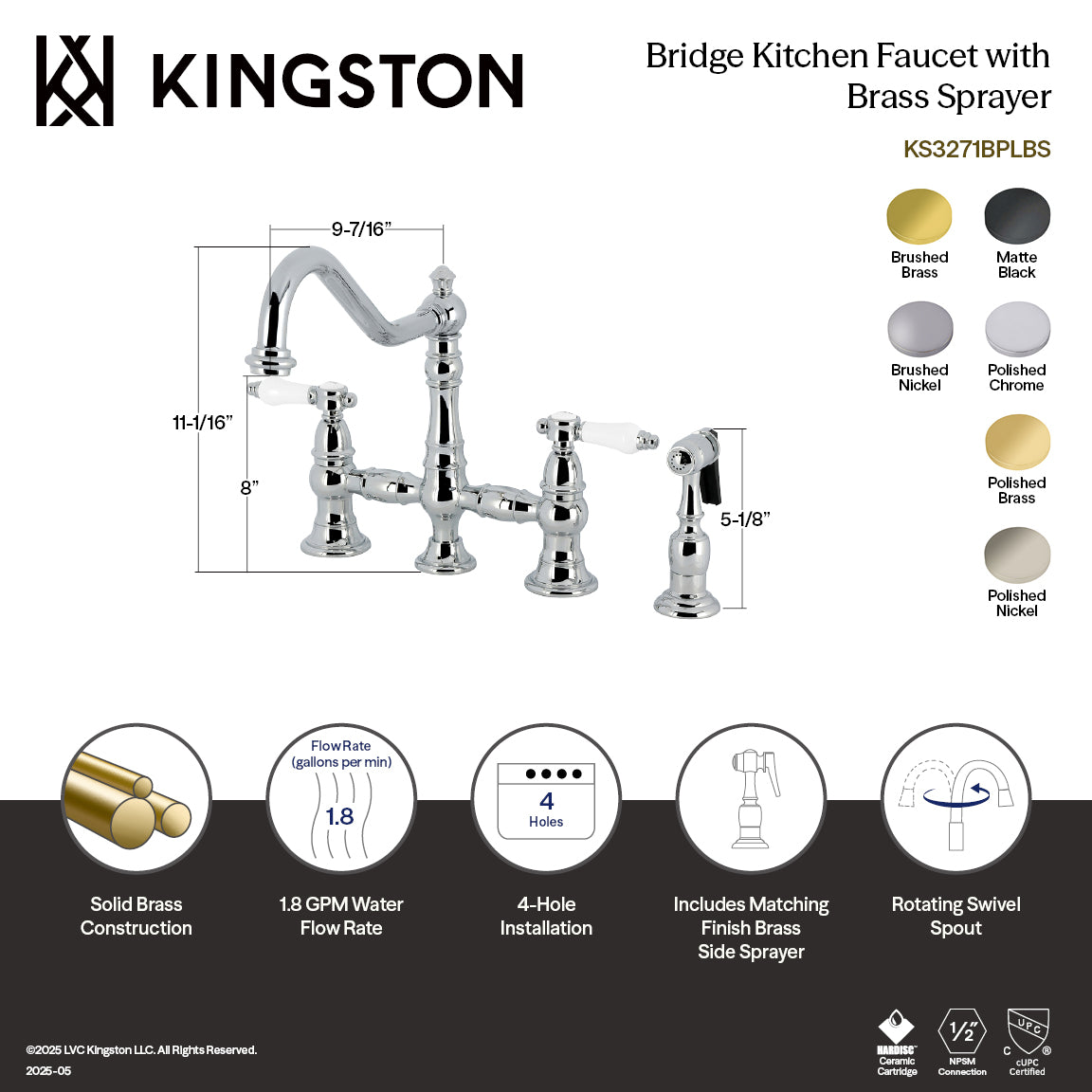 Kingston KS3277BPLBS Bel-Air Bridge Kitchen Faucet with Brass Sprayer, Brushed Brass in polished nickel finish.