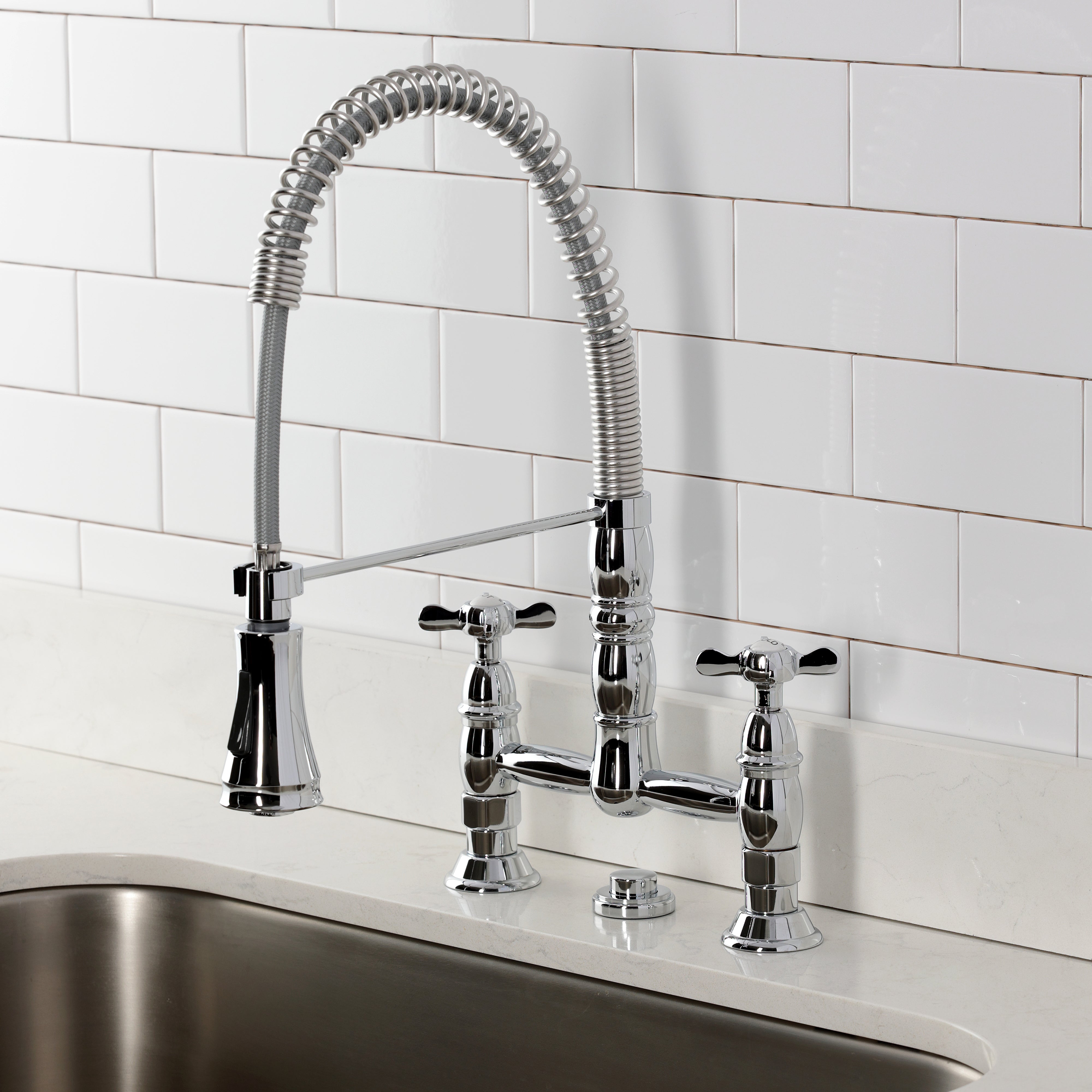 Kingston Brass GS1273BEX Essex Double-Handle Deck-Mount Pre-Rinse Bridge Kitchen Faucet, Antique Brass in chrome finish