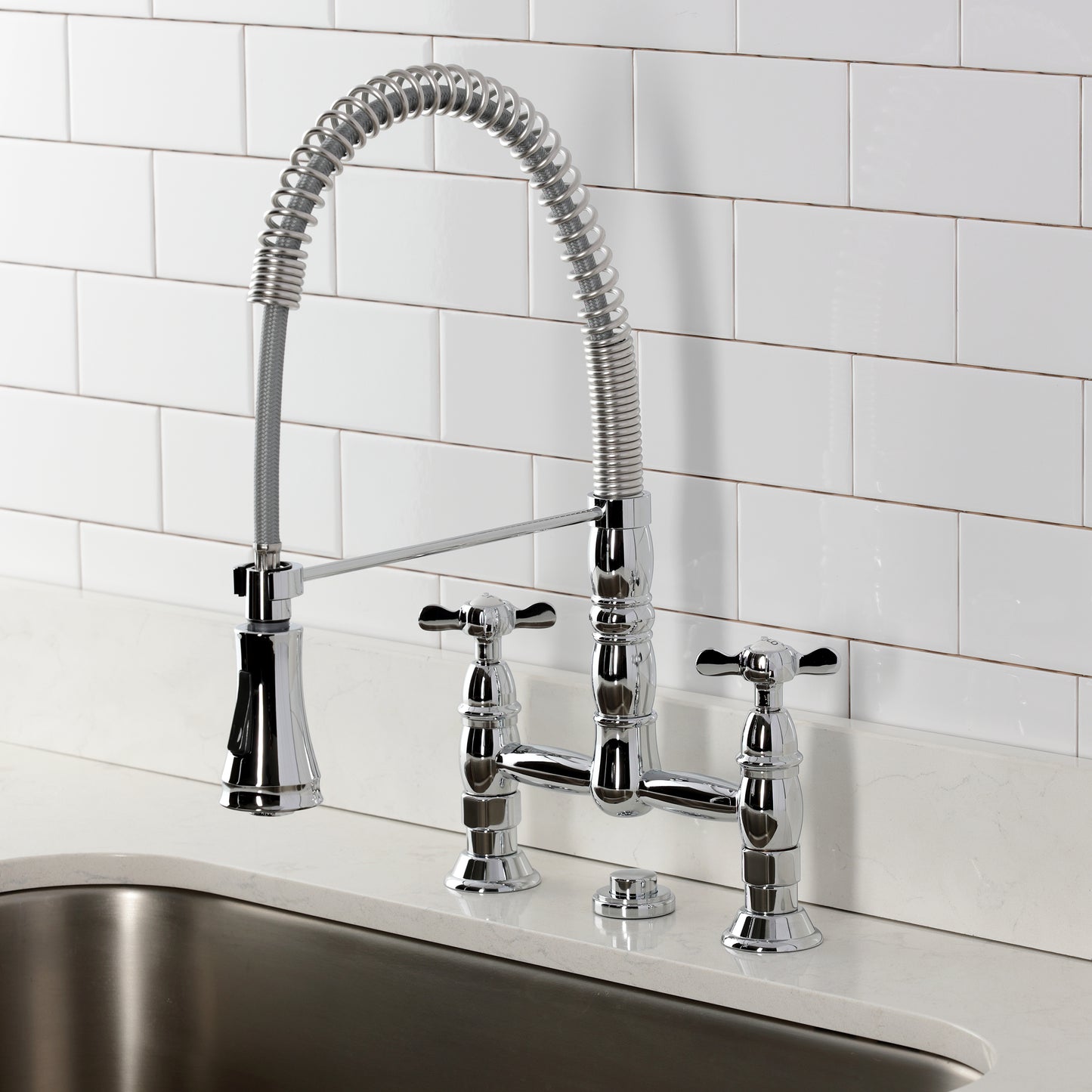 Kingston Brass GS1273BEX Essex Double-Handle Deck-Mount Pre-Rinse Bridge Kitchen Faucet, Antique Brass in chrome finish