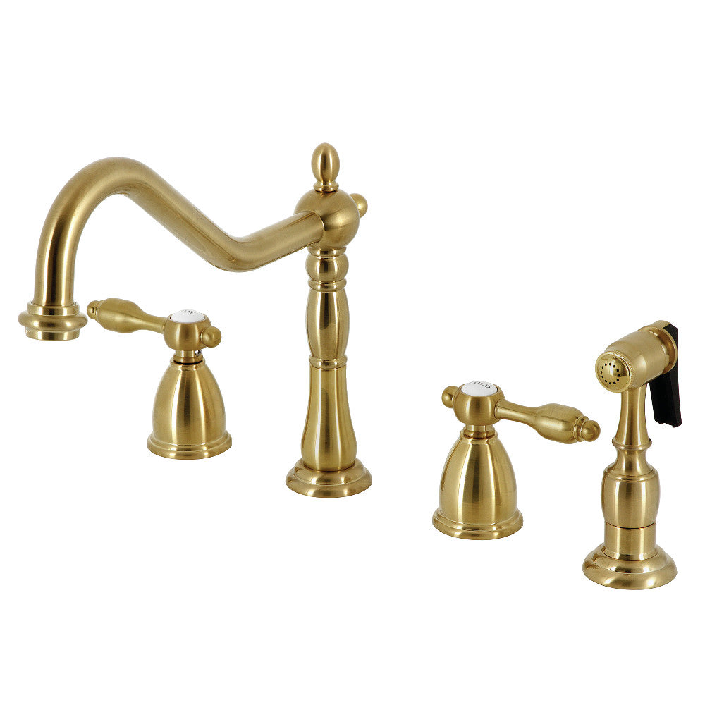 Kingston Brass KB1797TALBS Tudor Double-Handle Widespread Kitchen Faucet with Brass Sprayer, Brushed Brass