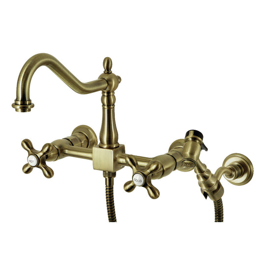 Kingston KS1243AXBS Heritage Two-Handle Wall Mount Bridge Kitchen Faucet with Brass Sprayer, Antique Brass