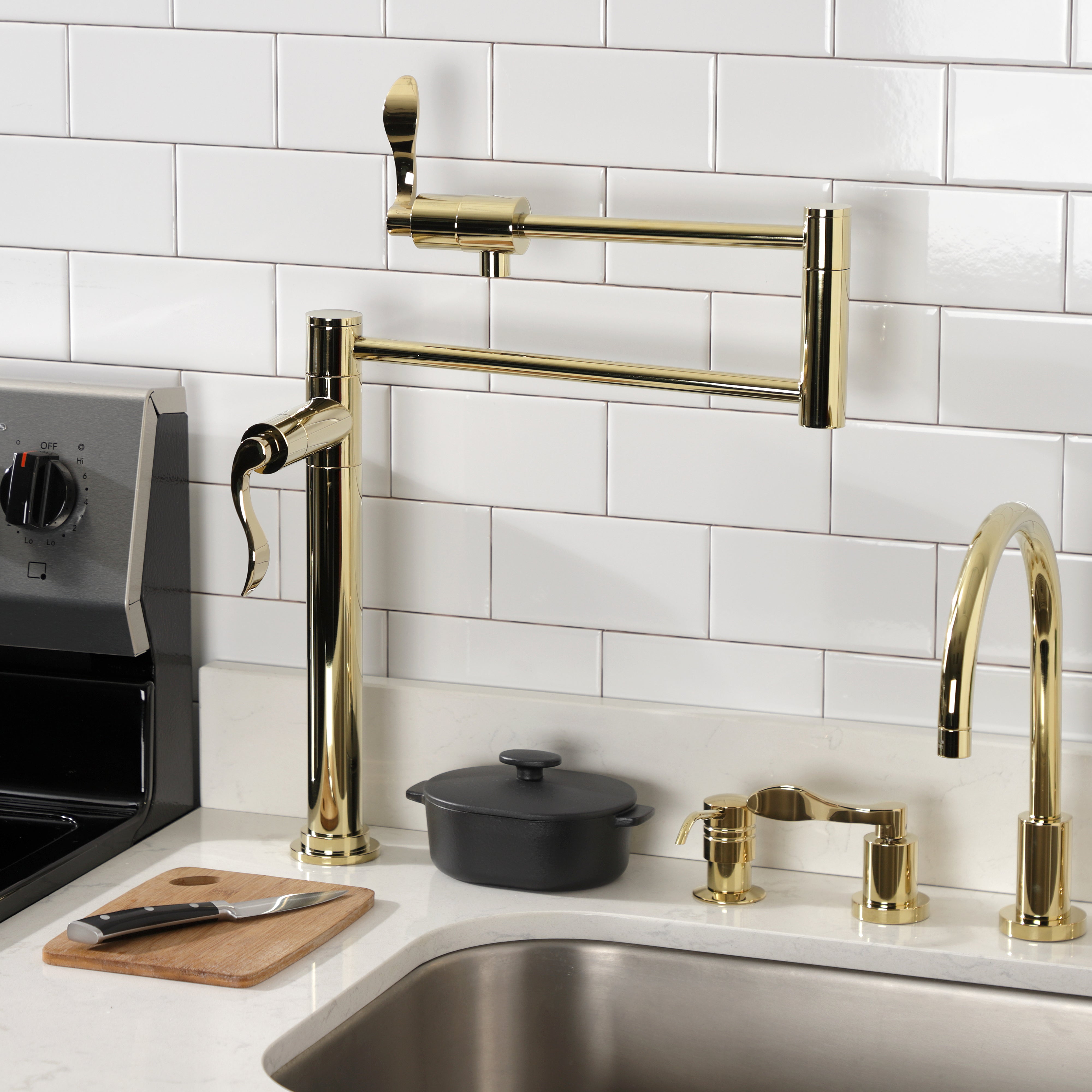 Kingston Brass KS4700DFL NuWave Deck Mount Pot Filler Faucet, Matte Black - Stylish kitchen setup with pot filler.