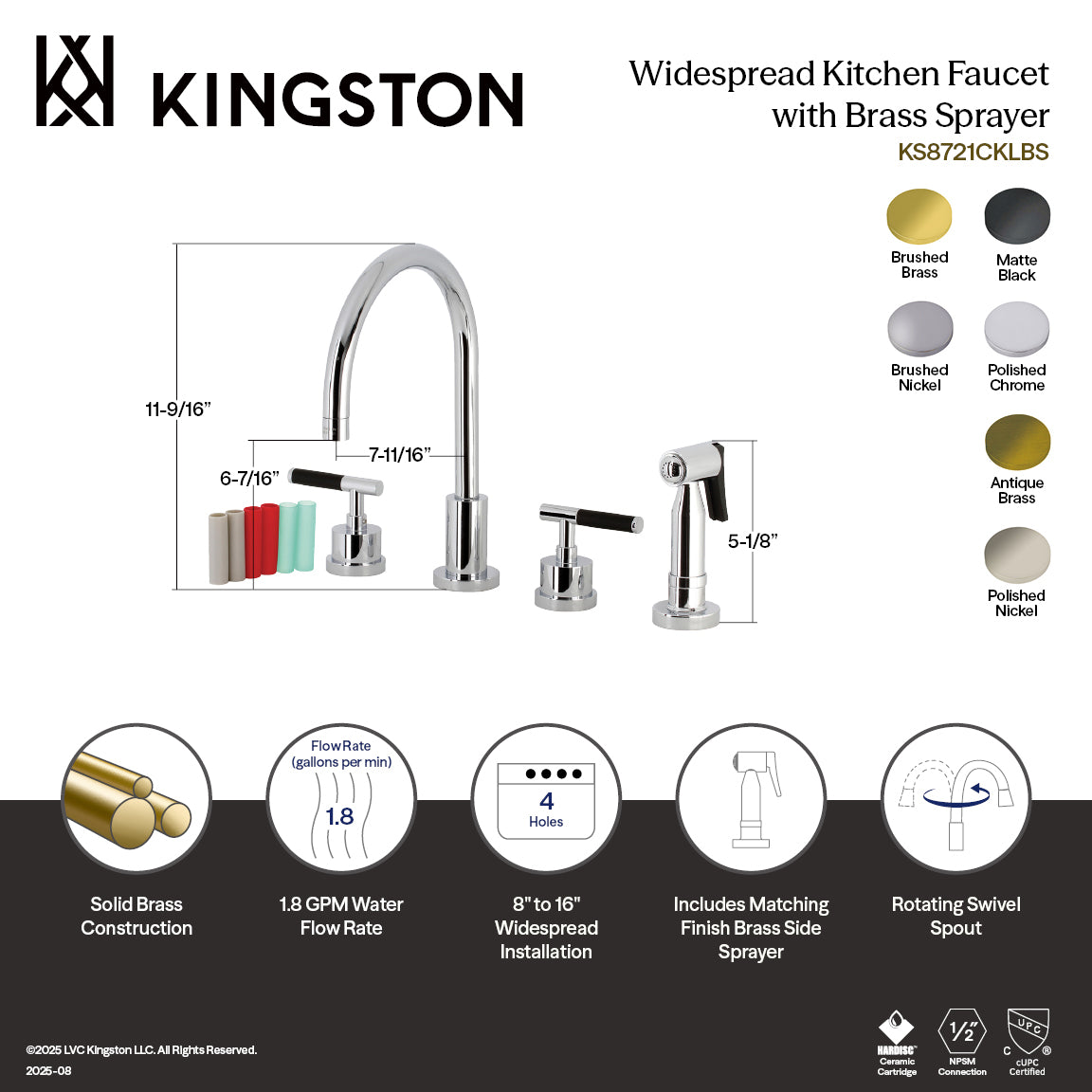 Kingston Brass KS8723CKLBS Kaiser Double-Handle Widespread Kitchen Faucet with Brass Sprayer, Antique Brass