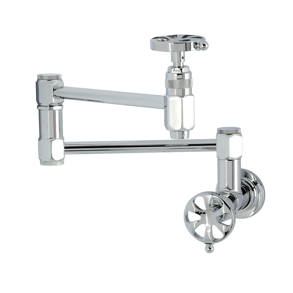 Kingston Brass KS5103RX Belknap Wall Mount Pot Filler Faucet, Antique Brass with industrial wheel handles and chrome finish.